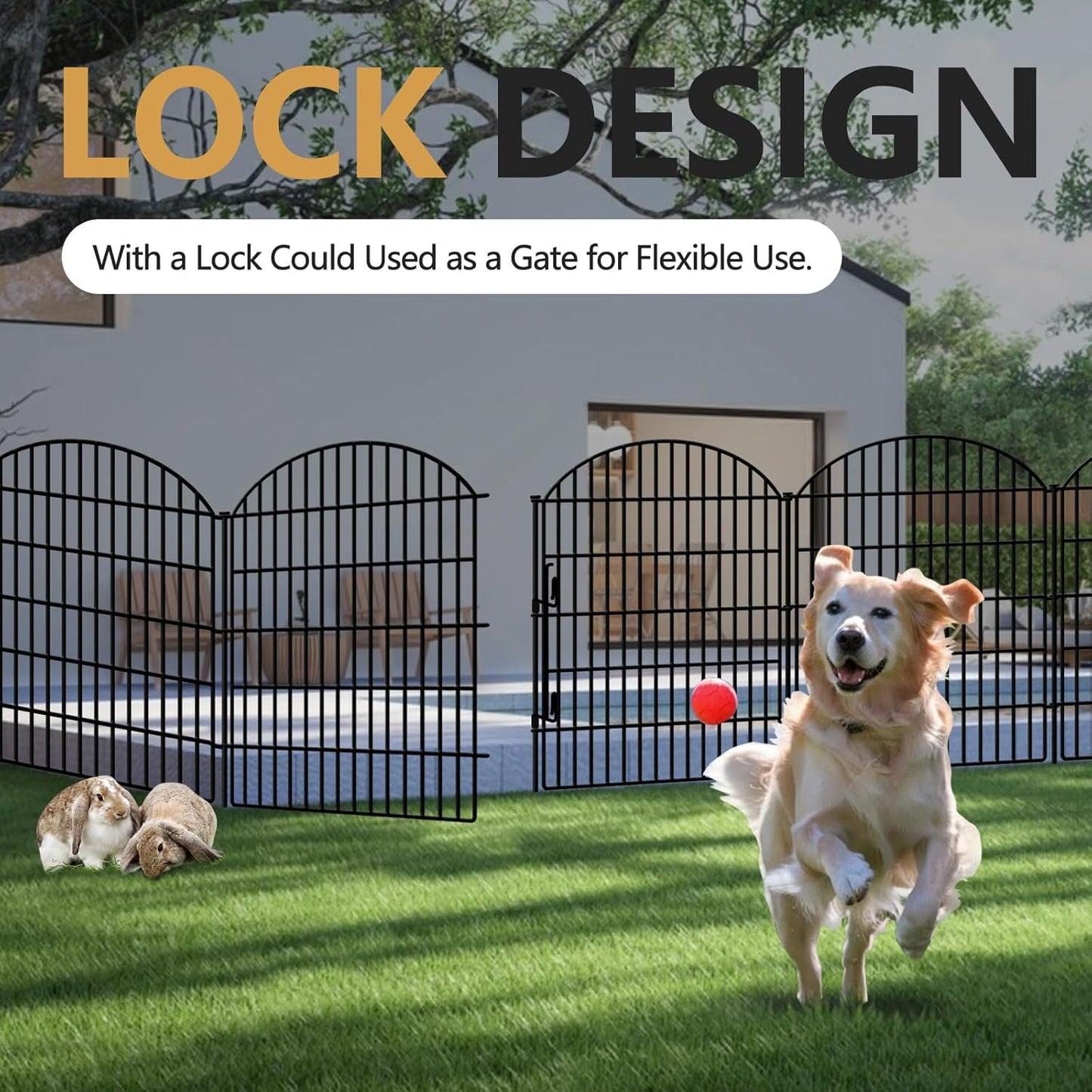 10 Panels Decorative Garden Fencing with Lock, 33in (H) x 21.92ft (L) No Dig Dog Fence Outdoor for Yard, Animal Barrier Rustproof Metal Temporary Panel Border for Rabbit, Dog and Patio Camping