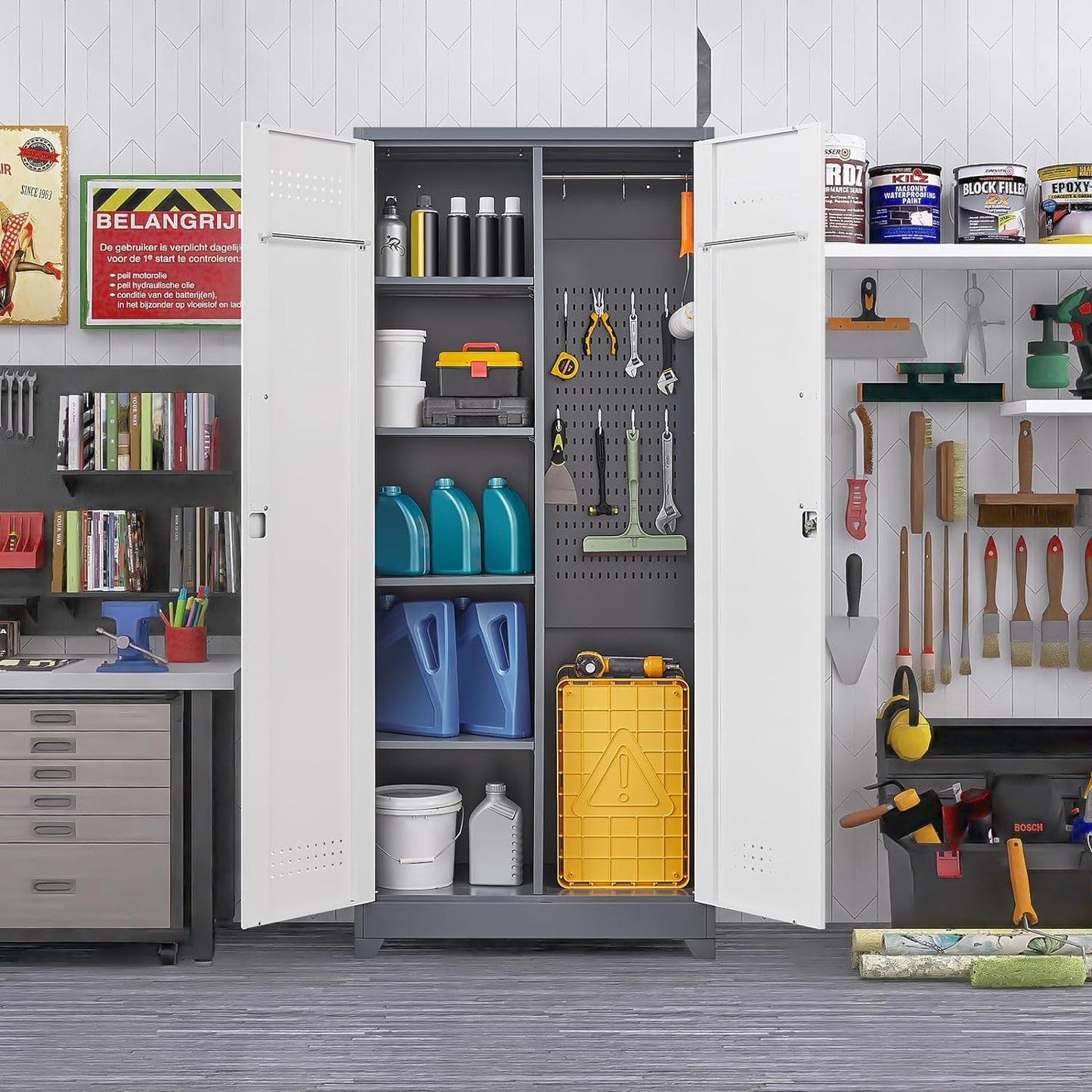 Garage Storage Cabinet,Broom Closet with Lock,Locking Cabinets with Hanging Rod & S-Hooks for School,Garage,Grey-White