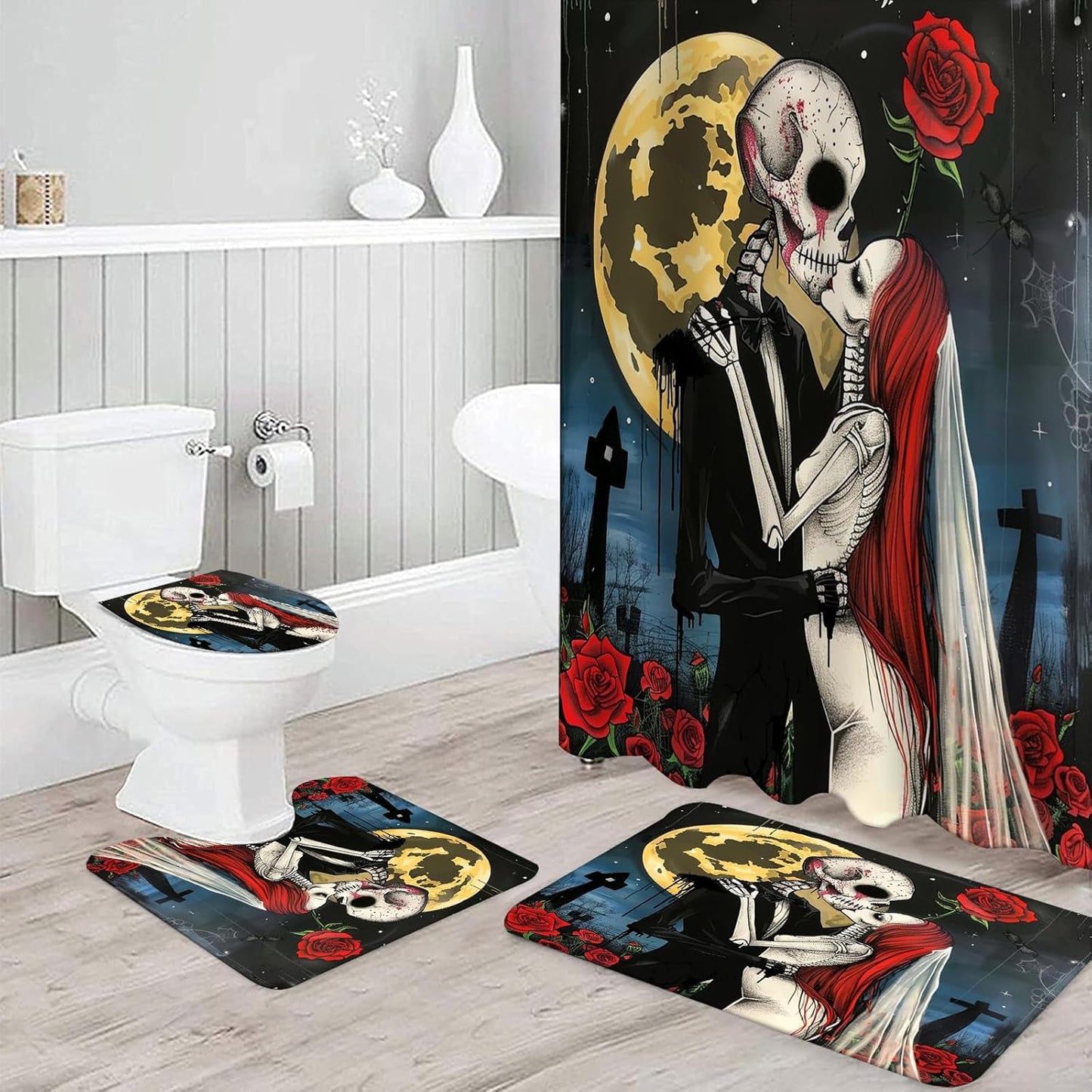 NEWSUYAA Halloween Decorations Shower Curtain Set with Non-Slip Rugs and Bath Mats,Black Skull Skeleton Bathtub Curtains with 12 Hooks,All Saints'Day (Nov 1st) Bathroom Decor