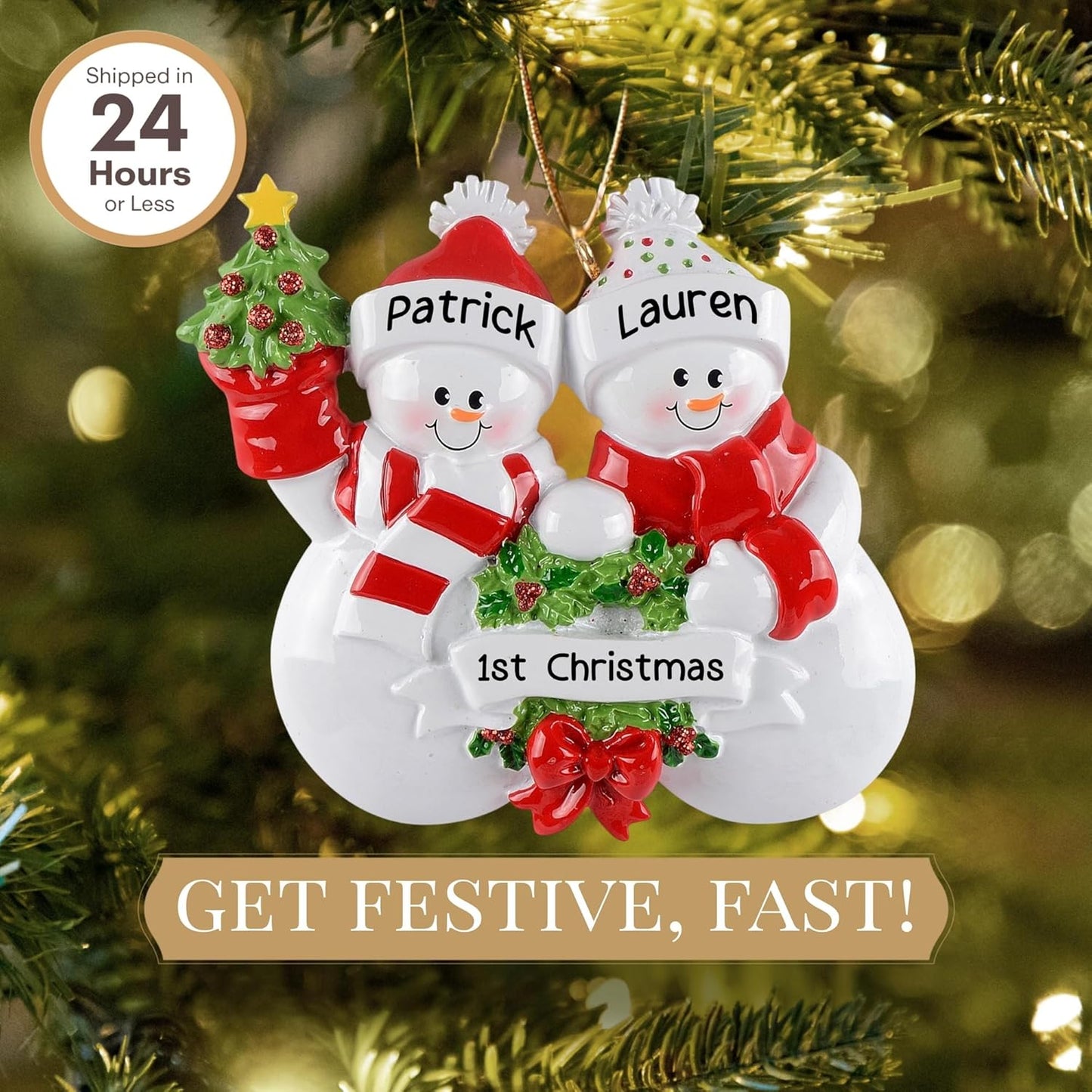 Personalized Couple Ornament 2025 | Free 24h Customization | Laser Engraved Snowman Christmas Ornaments for Tree | Custom Gift Wrapped Family of 2 Festive Holiday Keepsake for Two Persons