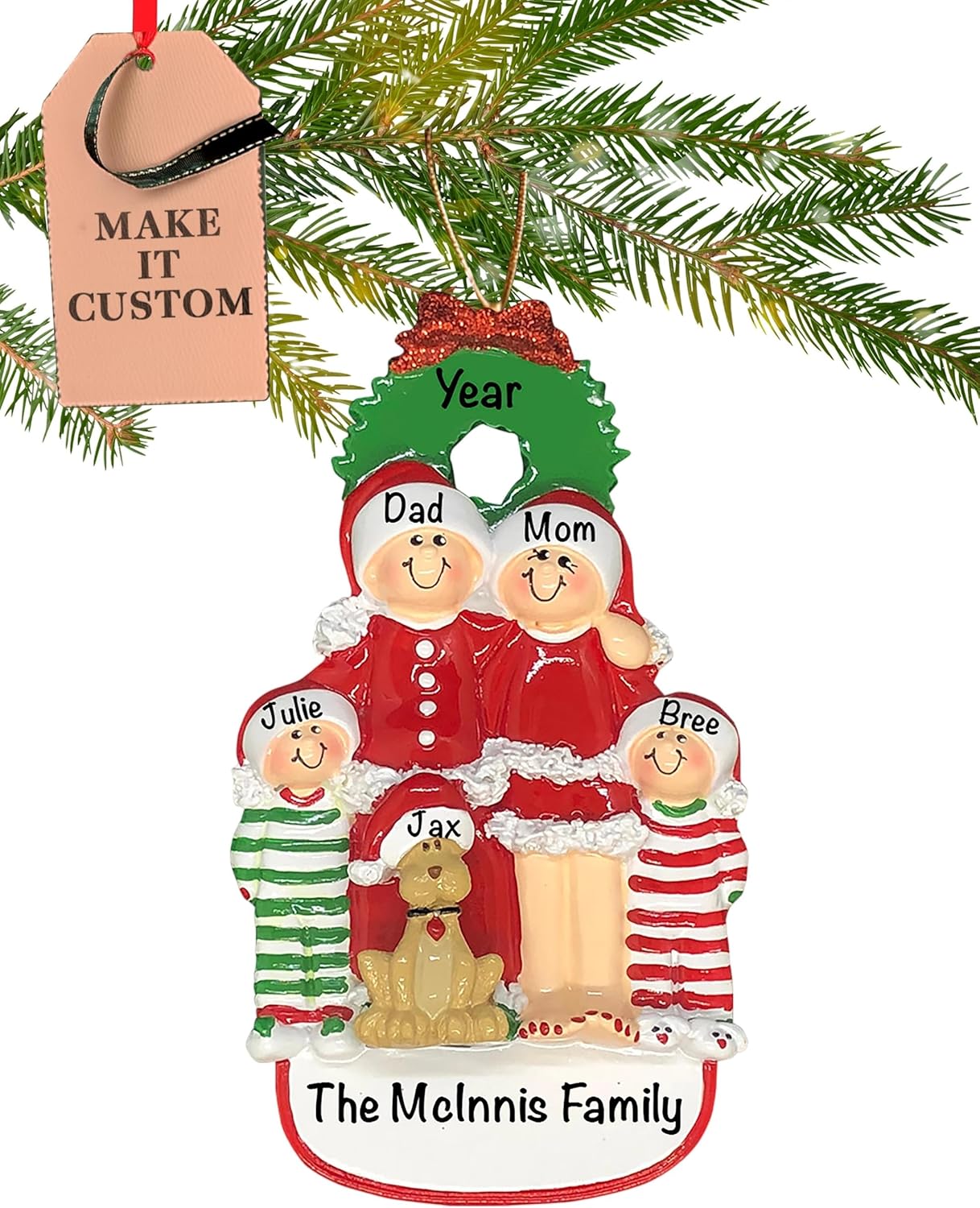 Personalized Family of 4 with Dog Ornament 2025 | Free 24h Customization | Christmas Ornaments for Tree | Custom Gift Wrapped Pet Keepsake for Dog-Lovers