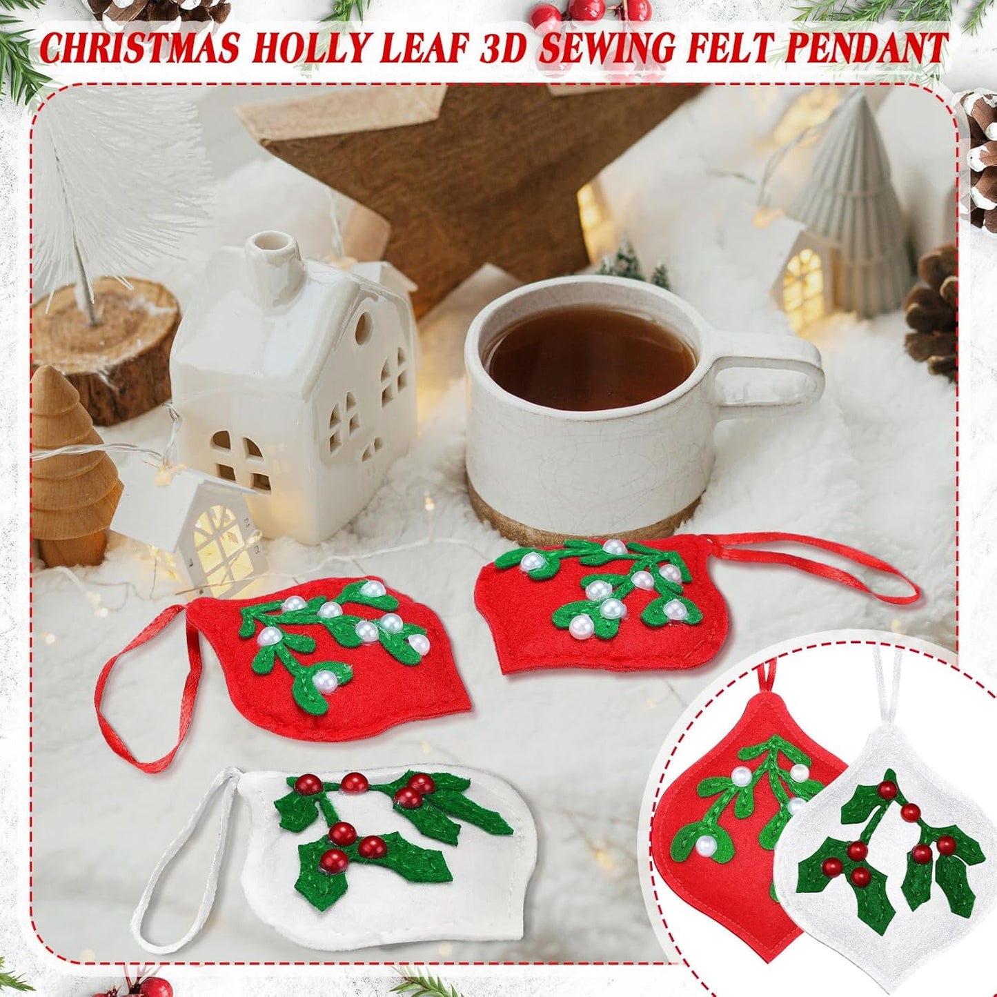 12 Pcs Christmas Felt Ornaments for Tree Red and White Mistletoe and Holly Leaves with Berries Poinsettias 3D Hanging Decorations Hanging Felt Craft for Christmas Party Favors Gifts