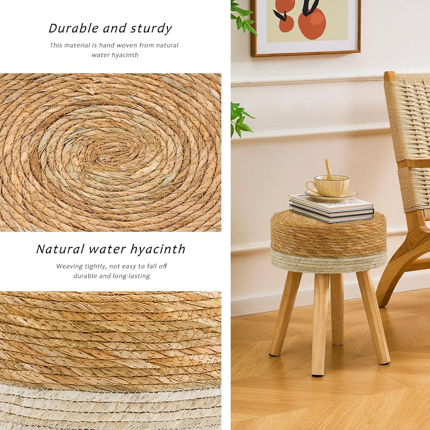 Handwoven Outdoor Ottoman, Water Hyacinth Pouf Round Patio Footstool with Wood Legs, 17-Inch Multipurpose Vanity Stool, Dining Chair, Patio Footrest for Balcony and Garden, White