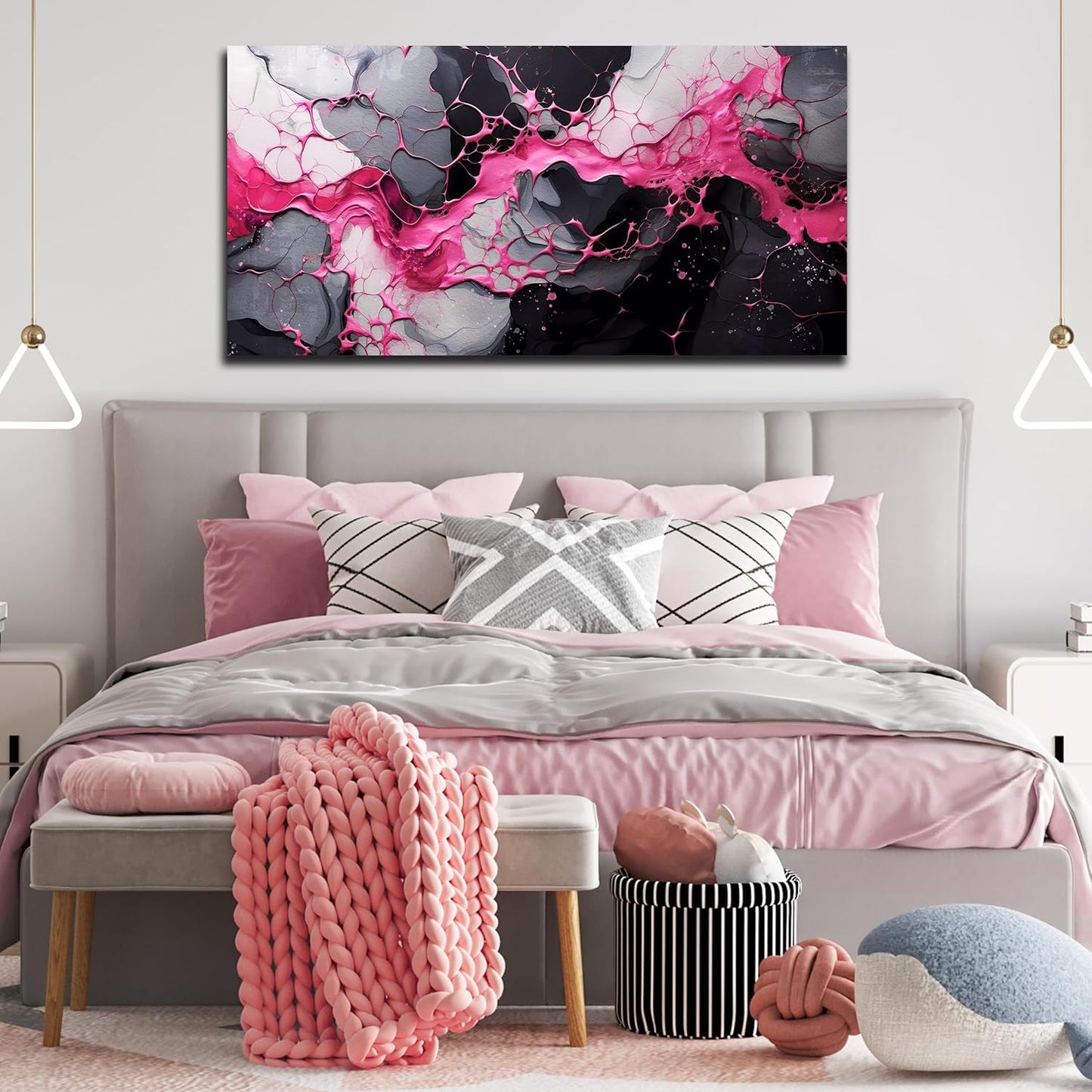 GUGIKA Abstract Wall Art for Living Room, Pink Canvas Wall Decor for Girls Bedroom Decor, Pigment Texture Print, Size 29x59 Inches