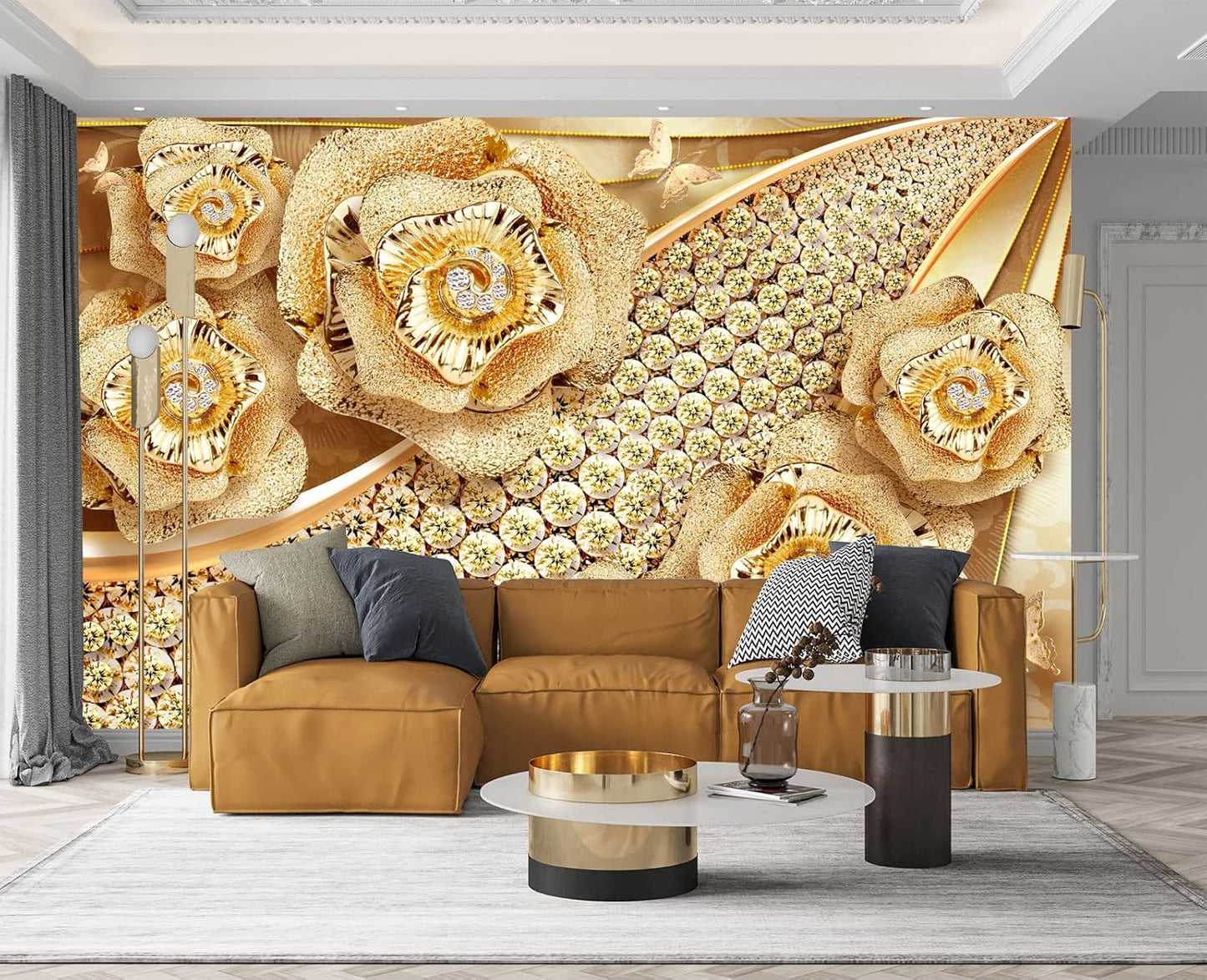 Golden Jewelry Diamond Rose Butterfly Wall Mural Wallpaper for Bedroom 103" x 69"