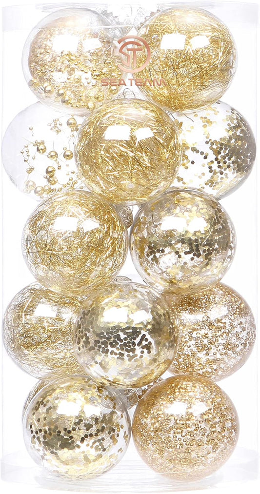 Sea Team Shatterproof Clear Plastic Christmas Ball Ornaments Decorative Xmas Balls Baubles Set with Stuffed Delicate Decorations (80mm/3.15 inch 20-Pack, Gold)