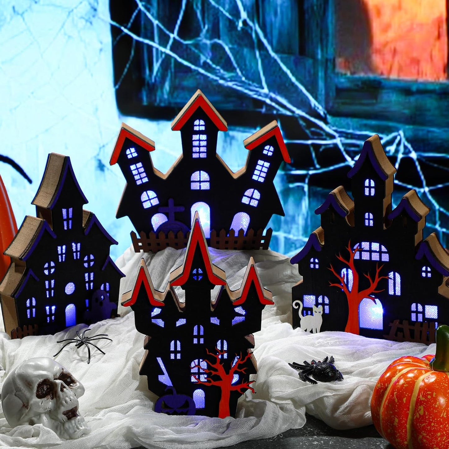 Bucherry 4 Pack Halloween Table Haunted House Decor Lighted Wooden Village Ghost House 3D Tabletop Decorations for Halloween Indoor Home Kitchen Desk Gift(New Style)