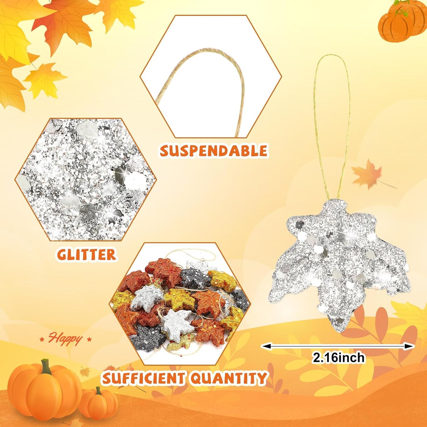 JULMELON 24 Pcs Thanksgiving Glitter Maple Leaves Colorful Foam Maple Ornaments Mini Hanging Fall Autumn Leaves for Thanksgiving Day Tree Decoration Party Favors Craft Supplies