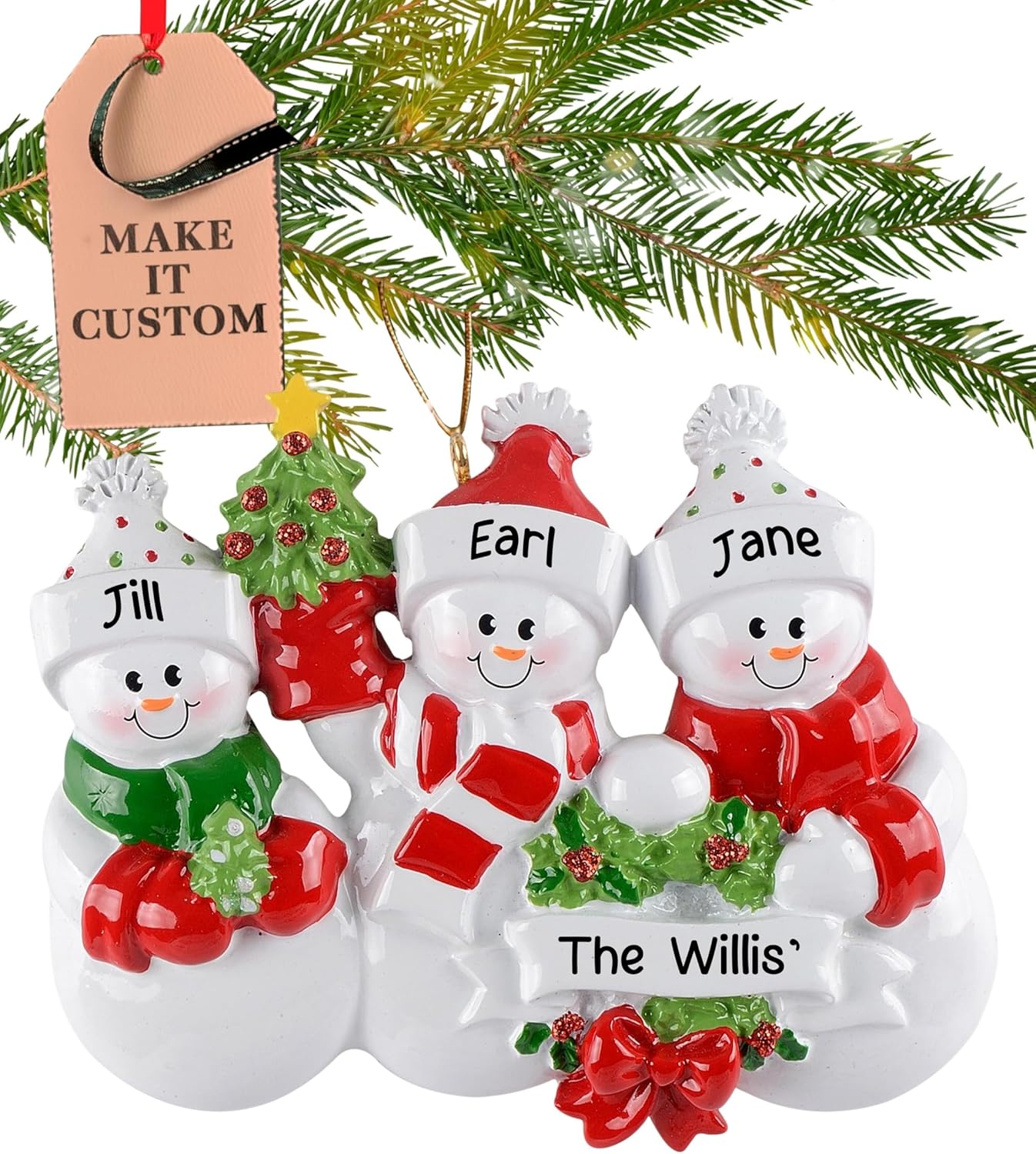 Personalized Family of 3 Ornament 2025 | Free 24h Customization | Laser Engraved Snowman Christmas Ornaments for Tree | Custom Gift Wrapped Festive Holiday Keepsake for Three Persons