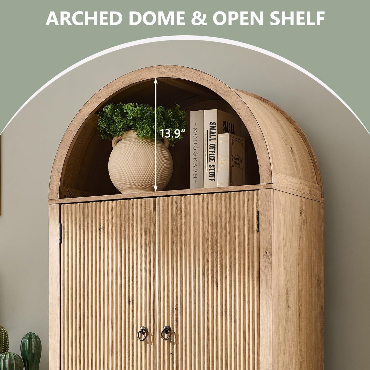 71" Tall Arched Bathroom Storage Cabinet, Modern Fluted Storage Cabinet w/Doors, 3 Adjustable Shelves, 6 Door Shelves, Wood Freestanding Cabinet for Bathroom, Entryway, Hallway, Natural