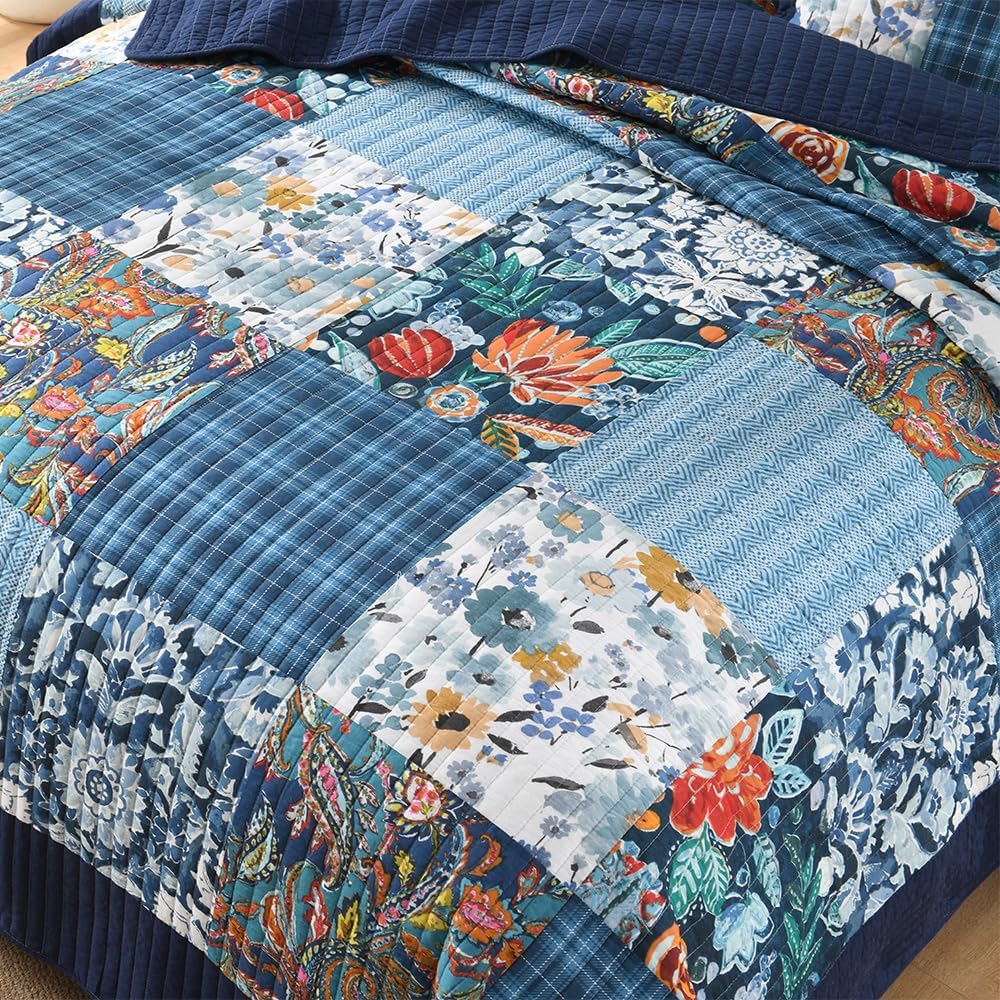 Autumn Dream Cotton Bedspread Quilt Sets Reversible Bedding Coverlet Sets, Luxury Vintage Paisley Floral Patchwork Blue Bedspread, King Size