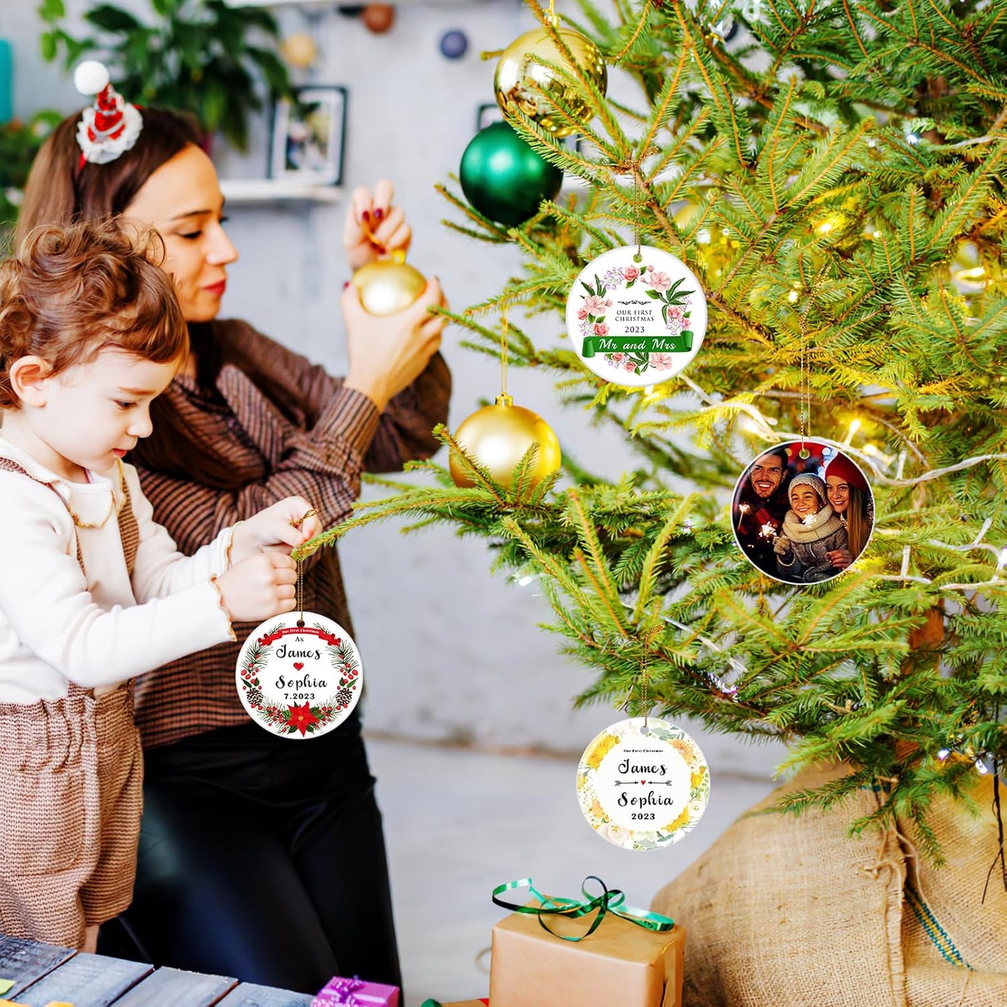 Personalized Our First Christmas Married Ornament 2025, Just Married Christmas Ornament as Mr and Mrs, First Year Newlywed 2.9" Ceramic Round Xmas Tree Decorations