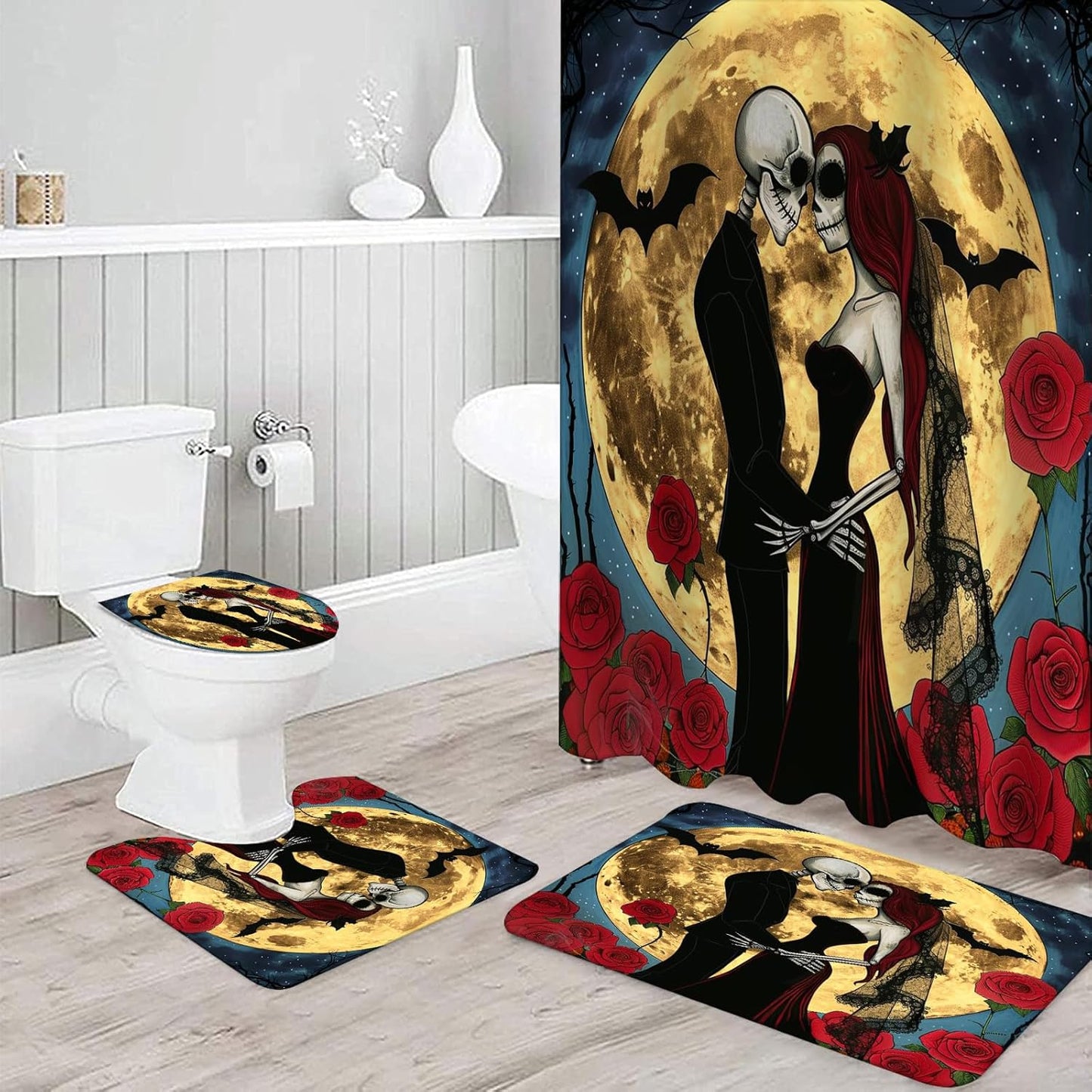 NEWSUYAA Halloween Decorations Shower Curtain Set with Non-Slip Rugs and Bath Mats,Black Skull Skeleton Bathtub Curtains with 12 Hooks,All Saints'Day (Nov 1st) Bathroom Decor