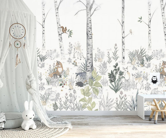 -Nursery Cartoon Woods Hand-Painted Animal Wallpaper Children's Room XT10 S 100" x 65"