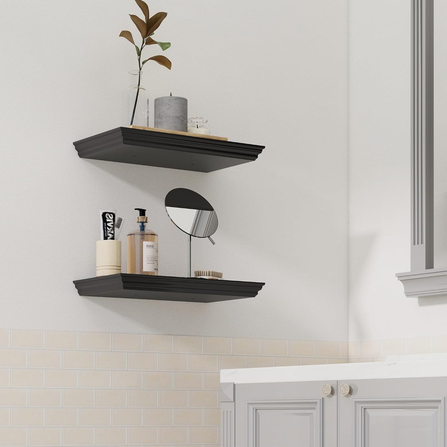 Floating Shelves for Wall, 16 Inch Wall Mounted Black Hanging Shelf for Kitchen, Living Room, Office, Bedroom, Bathroom, Retro Vintage Wood Bookshelf for House Decor