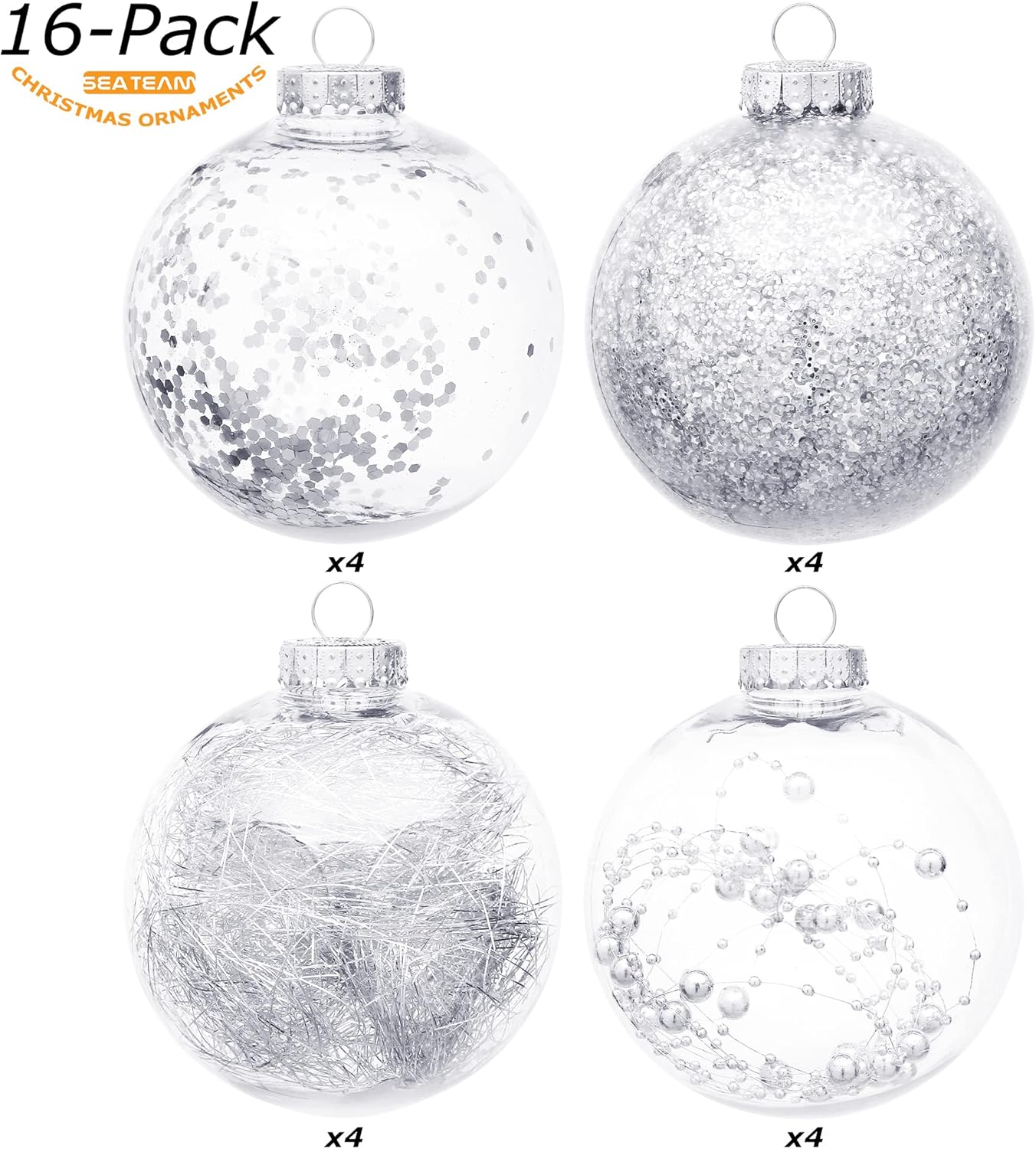Sea Team Shatterproof Clear Plastic Christmas Ball Ornaments Decorative Xmas Balls Baubles Set with Stuffed Delicate Decorations (100mm/3.94 inch 16-Pack, Silver)