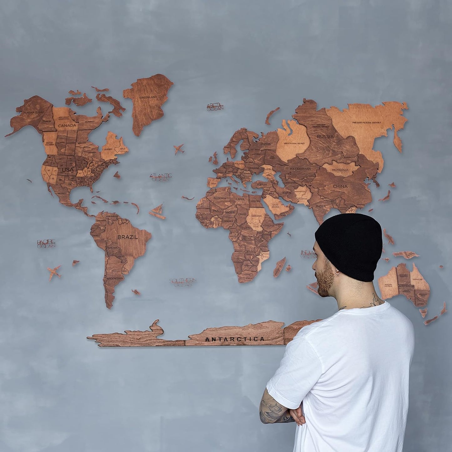 Handmade 3D Wood World Map Wall Art Large Wall Decor Track Your World Travels - Special For Home, Kitchen And Office (Medium, Oak)