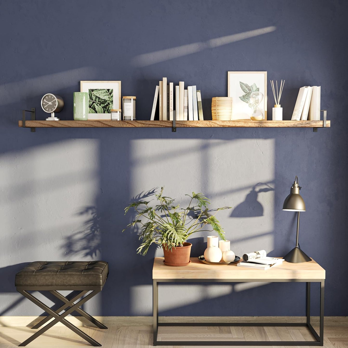 Wallniture Toledo 72 inch Floating Shelf with Heavy Duty Bookend Brackets, Wooden Shelves for Wall, 1pc, Burnt Finish