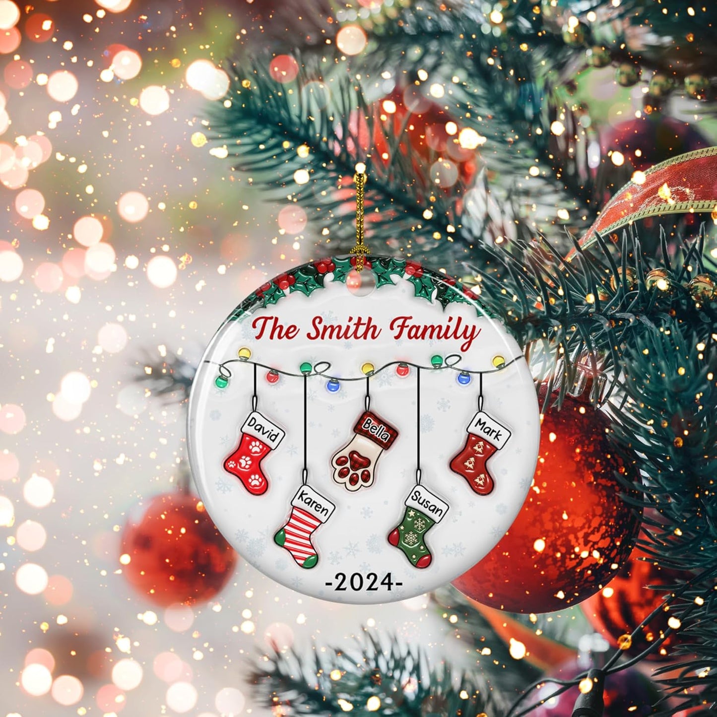 Stocking Personalized Family Christmas Ceramic Ornament 2025-3D Inflated Effect Custom Name Hanging Stock up to 10 Members, First Xmas as A Family Ornament Gifts (A04, 4 Names)