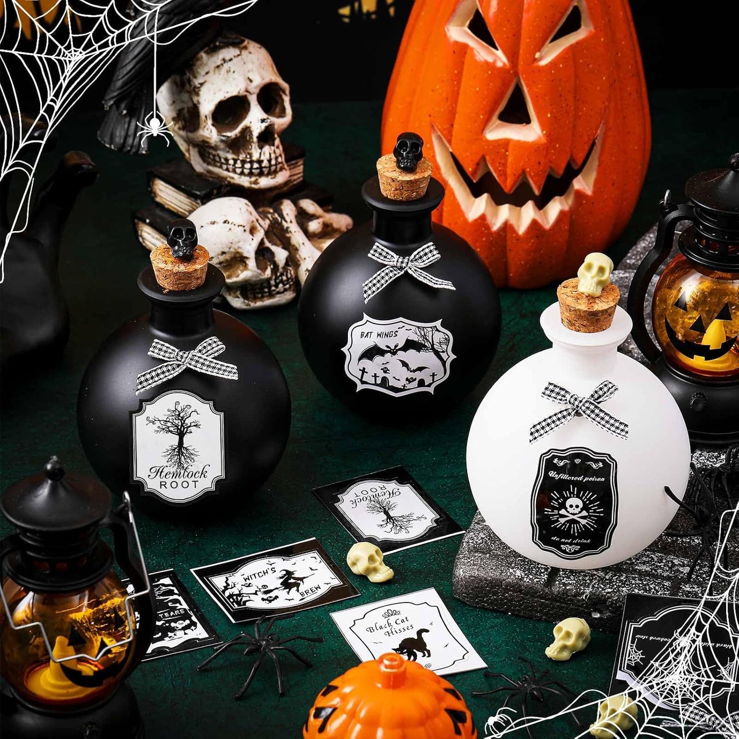 Tessco for you 3 Set Halloween Potion Bottles with Cork - Spherical Apothecary Glass Jars, 20 Gothic Labels(Ghost/Bat/Witch), Tiered Tray Decoration for Farmhouse Table, Home Indoor Halloween