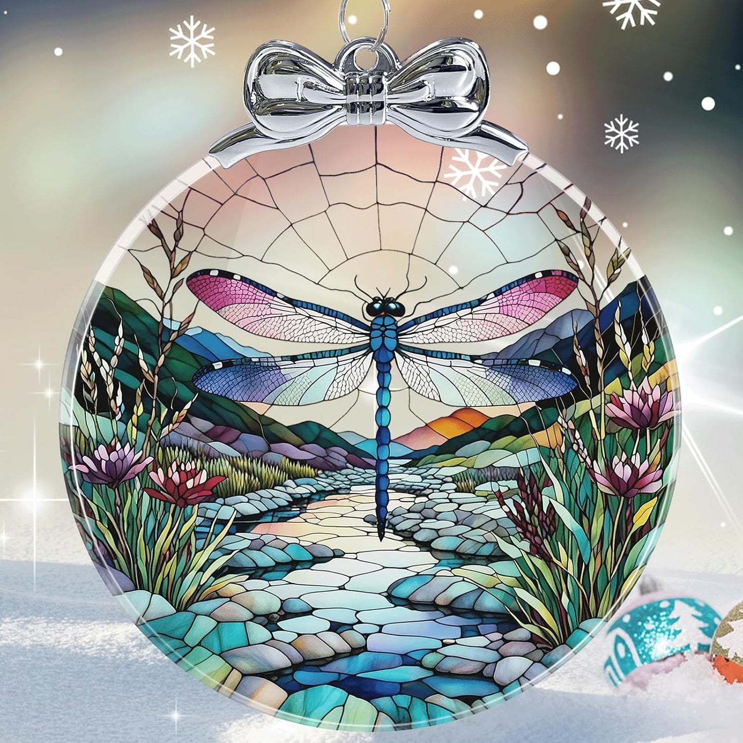Dragonfly Stained Glass Christmas Ornament - Hanging Ornaments for Christmas Tree Decorations -Holiday Keepsake Present Exchange Idea