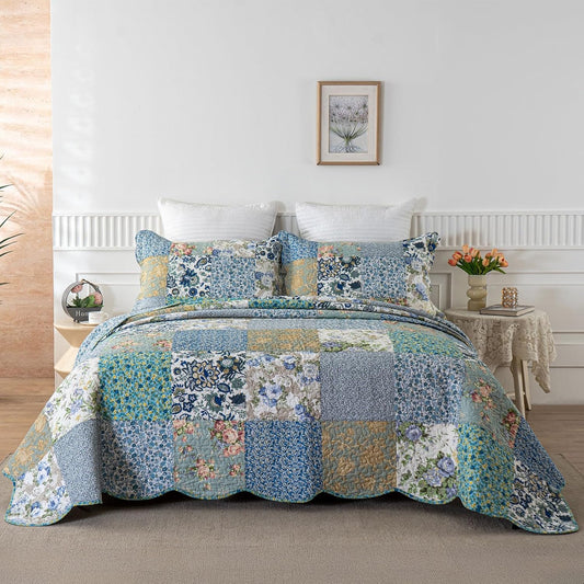 YAYIDAY Quilts Queen Size Patchwork Bedspread Set - 100% Cotton Reversible Breathable Floral Quilted Quilt with Pillow Shams Fit All Season