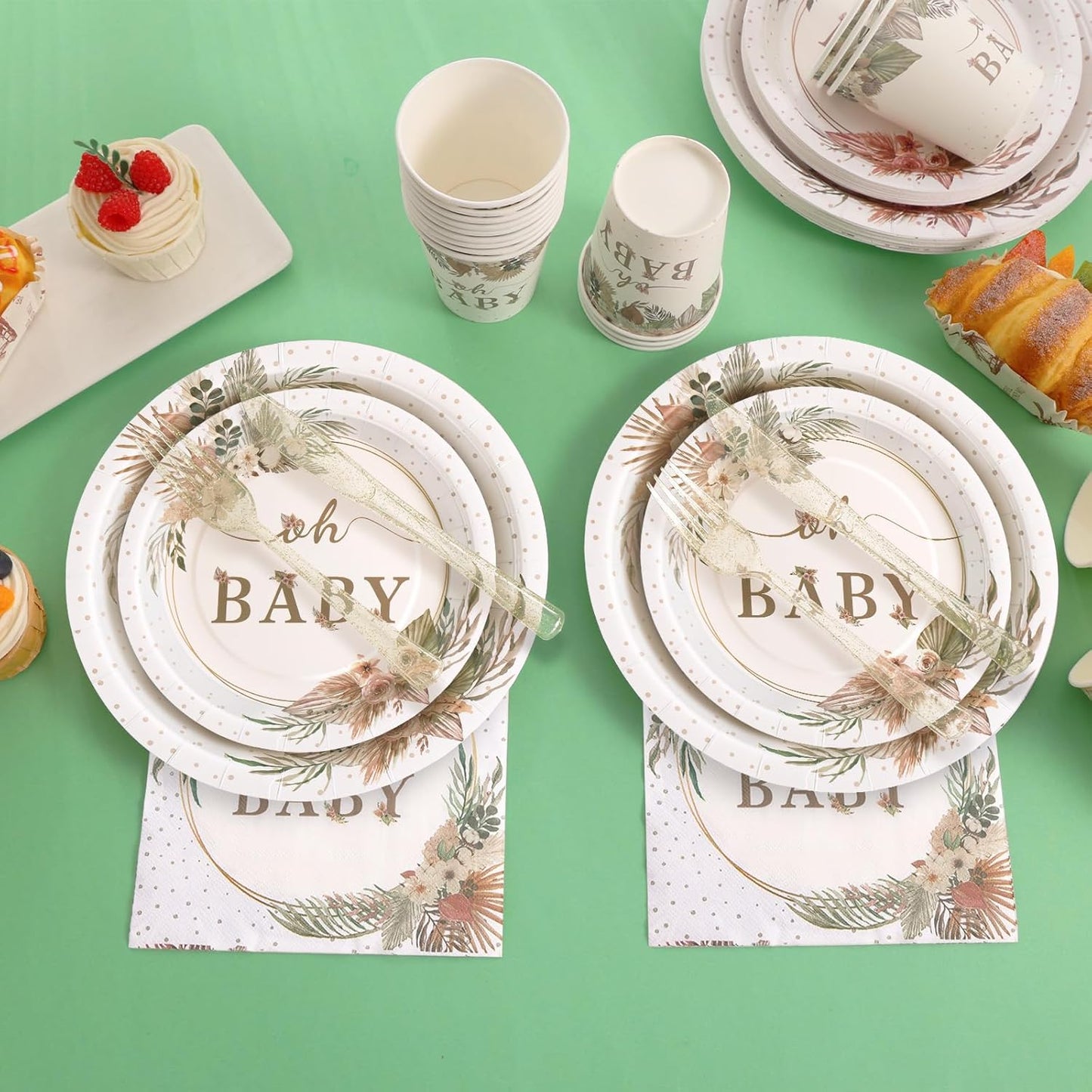 140 Pcs Boho Baby Shower Decorations for Girl, Baby Shower Plates and Cups and Napkins Sets, Oh Baby Plates for Western Sweet Baby Girl, Summer Fall Neutral, Serves 20