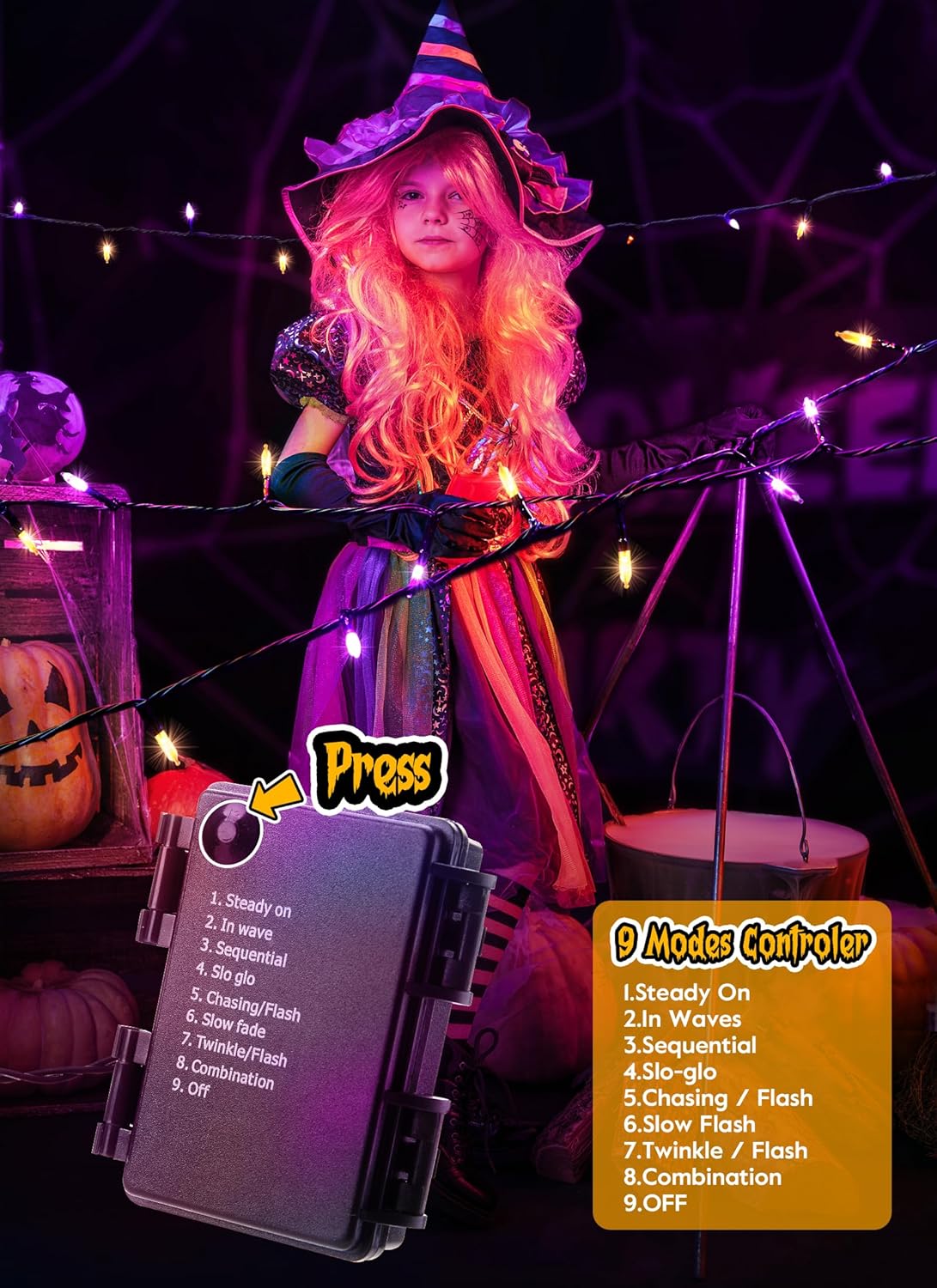 Halloween Orange Purple Outdoor Lights，17.8 Feet 50 LED Christmas Lights with 8 Modes，Waterproof Mini String Lights Battery Operated for Outdoor Indoor Use, Xmas Halloween Tree Holiday Party Patio