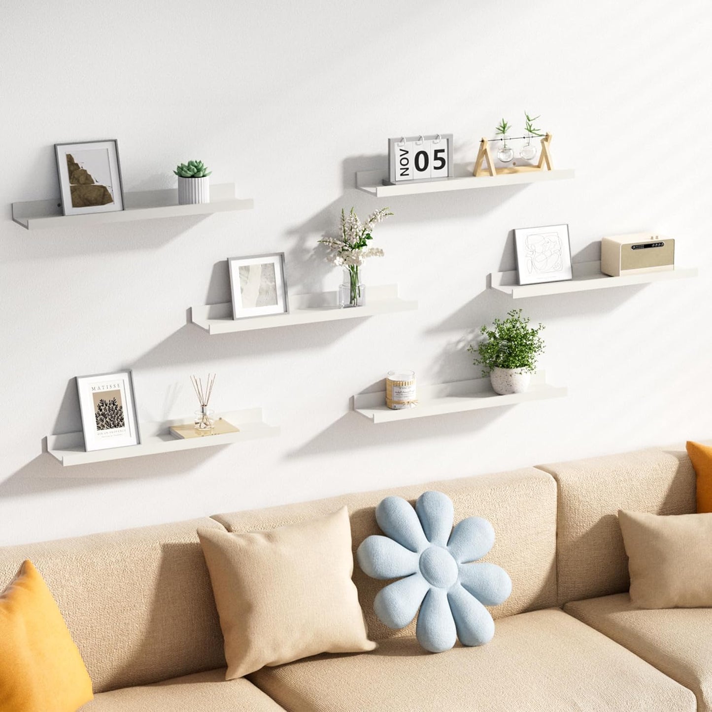 upsimples Floating Shelves for Wall, Wall Shelves for Decor Storage Set of 6, Wall Mounted Wood Shelf for Bedroom, Living Room, Bathroom, Kitchen, 23.6 inch Long Picture Ledge Shelf, White