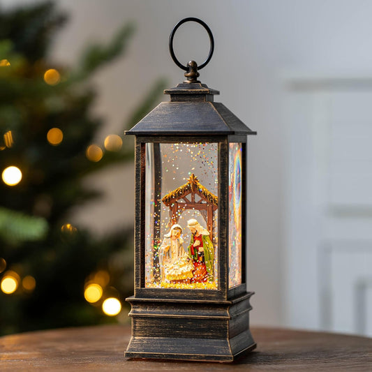 10'' Musical Snow Globe Lantern Lighted Nativity Manger Scene Water Lantern Swirling Glittering Home Decoration and Gift, Battery Operated or USB Powered