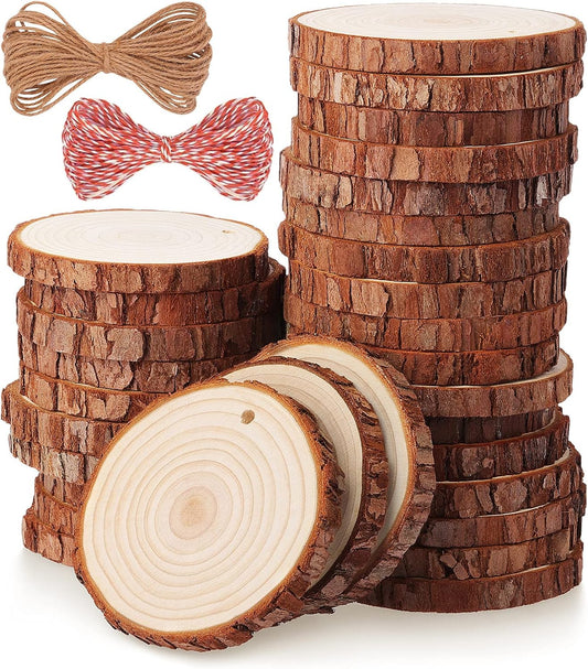 Fuyit Natural Wood Slices, 30 Pcs 3.1-3.5 Inch Unfinished Predrilled Wooden Circles Tree Slice with Hole for DIY Arts Craft Christmas Ornaments