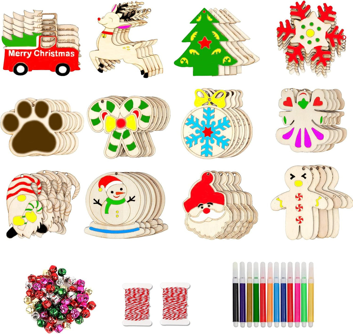 GUDELAK 60PCS DIY Wooden Christmas Ornaments, 12 Styles Christmas Crafts for Kids Adults with Ropes, 60 Bells and 12 Colored Pens, Unfinished Wood Ornaments Making Kit for Christmas Tree Decorations