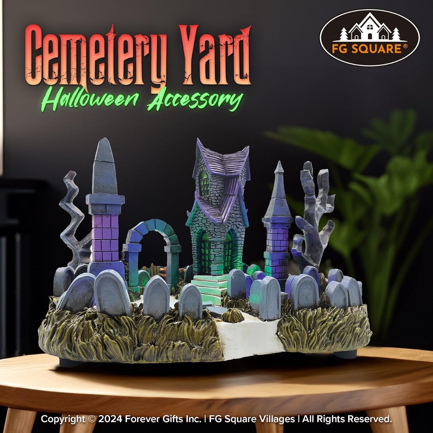 Cemetery Yard Graveyard Grave Theme Spooky Halloween Village Colorful LED Lights 9.25"x 5" x 6.25"