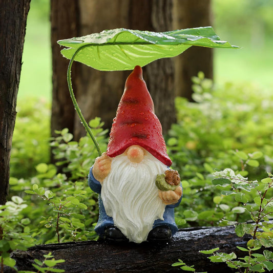 Garden Gnome Statue Decoration with Leaf Umbrella, 7.5” Figurine Ornament for Indoor Outdoor Home Patio Yard Lawn, for Gnome Lovers & Garden Enthusiasts，Mom，Women