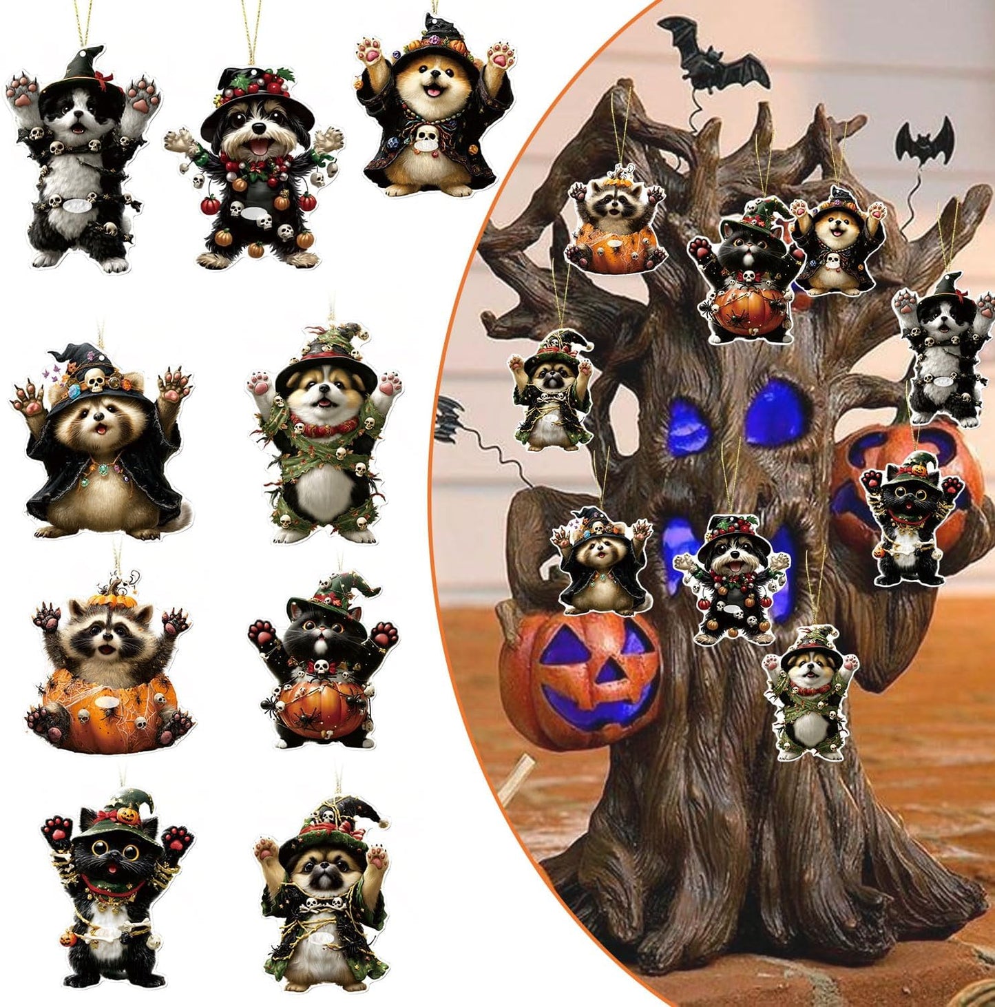Halloween Tree Decoration,9 Pcs Funny Raccoon Acrylic Pendant, Terror Cartoon Animal Halloween Accessories, Funny Cartoon Christmas Tree Hanging Ornaments for Indoor Outdoo