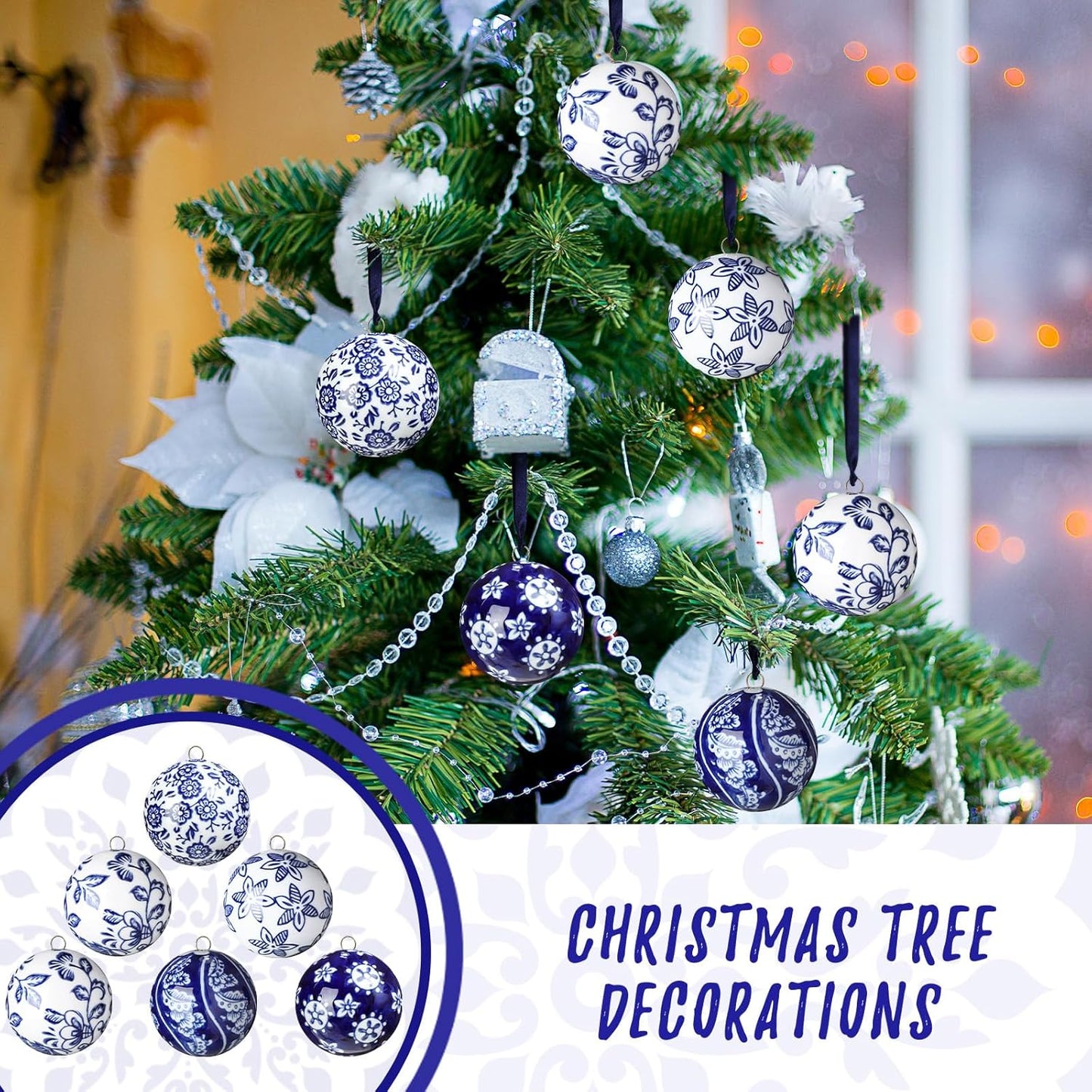 Cindeer 6 Pcs Blue and White Christmas Porcelain Balls 2.4 Inch Porcelain Chinoiserie Ornament Bulk Christmas Ceramic Hanging Decorative for Tree Home Xmas Party (Novelty Style)