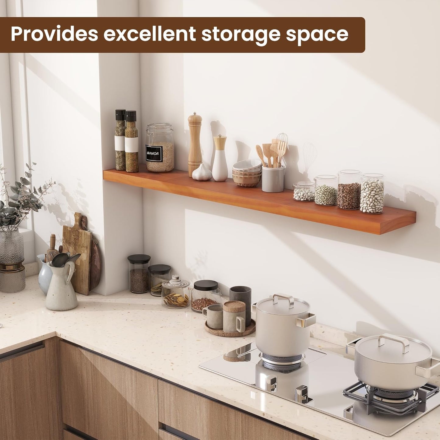 Light Brown Wooden Floating Wall Shelves 48 Inches Long x 8”x 1.4” Shelf Floating Rustic Farmhouse Decor, Heavy Duty Shelf Hold 100 lbs, Wall Shelves for Bathroom Living Room Kitchen Bedroom Office