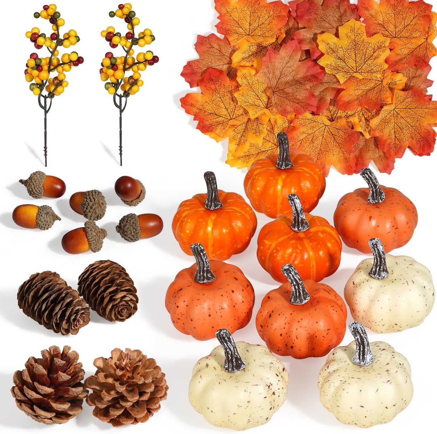 Artmag 51 PCS Artificial Pumpkins, Fall Harvest Decorations with Acorns, Pinecones, Berries, Maple Leaves for Farmhouse Fall Thansgiving Halloween Decor Decoration