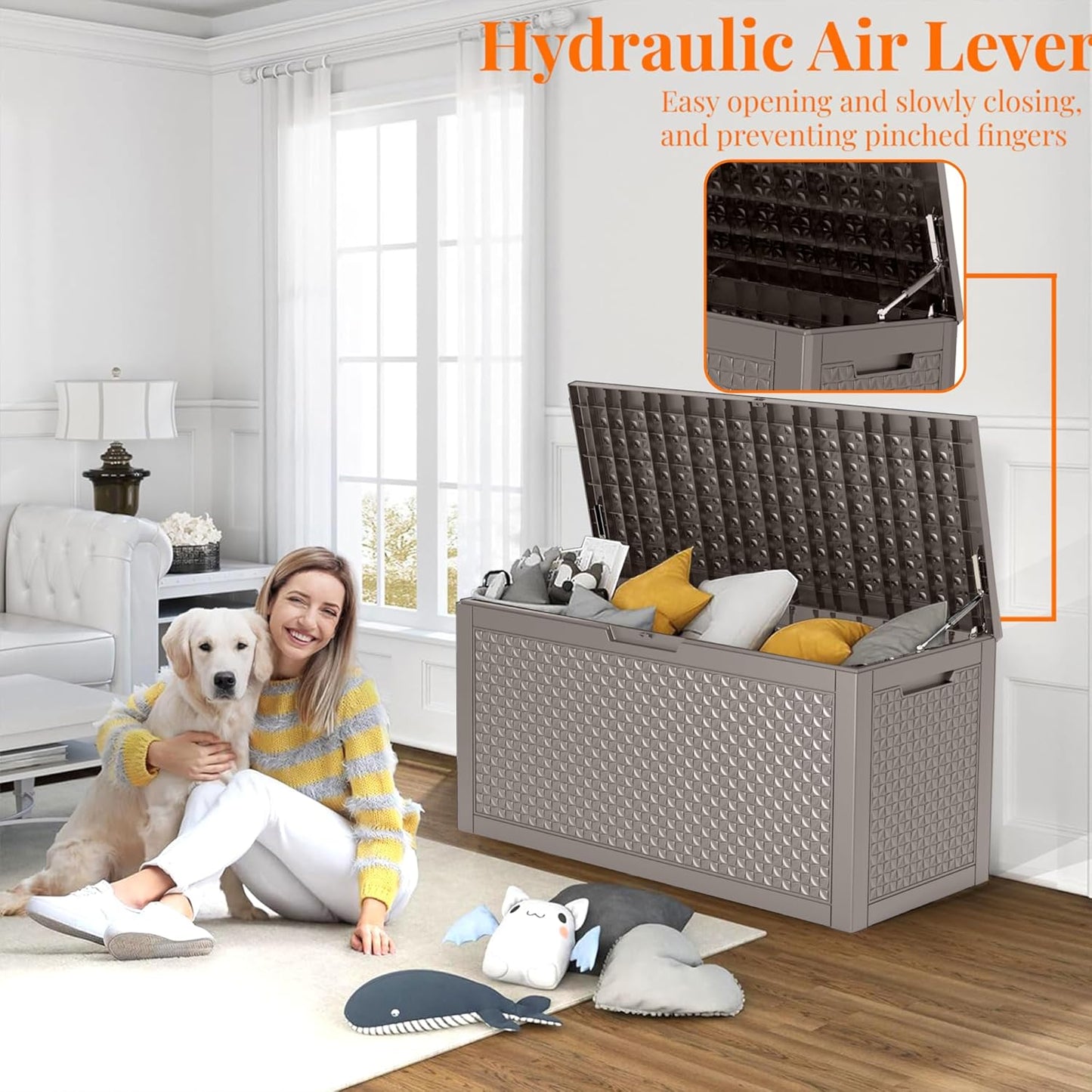 100 Gallon Resin Deck Box, Lockable Outdoor Storage Box for Patio Cushions Storage Furniture,Garden Tools, Pool Supplies, Weatherproof and UV Resistant (Grey L)