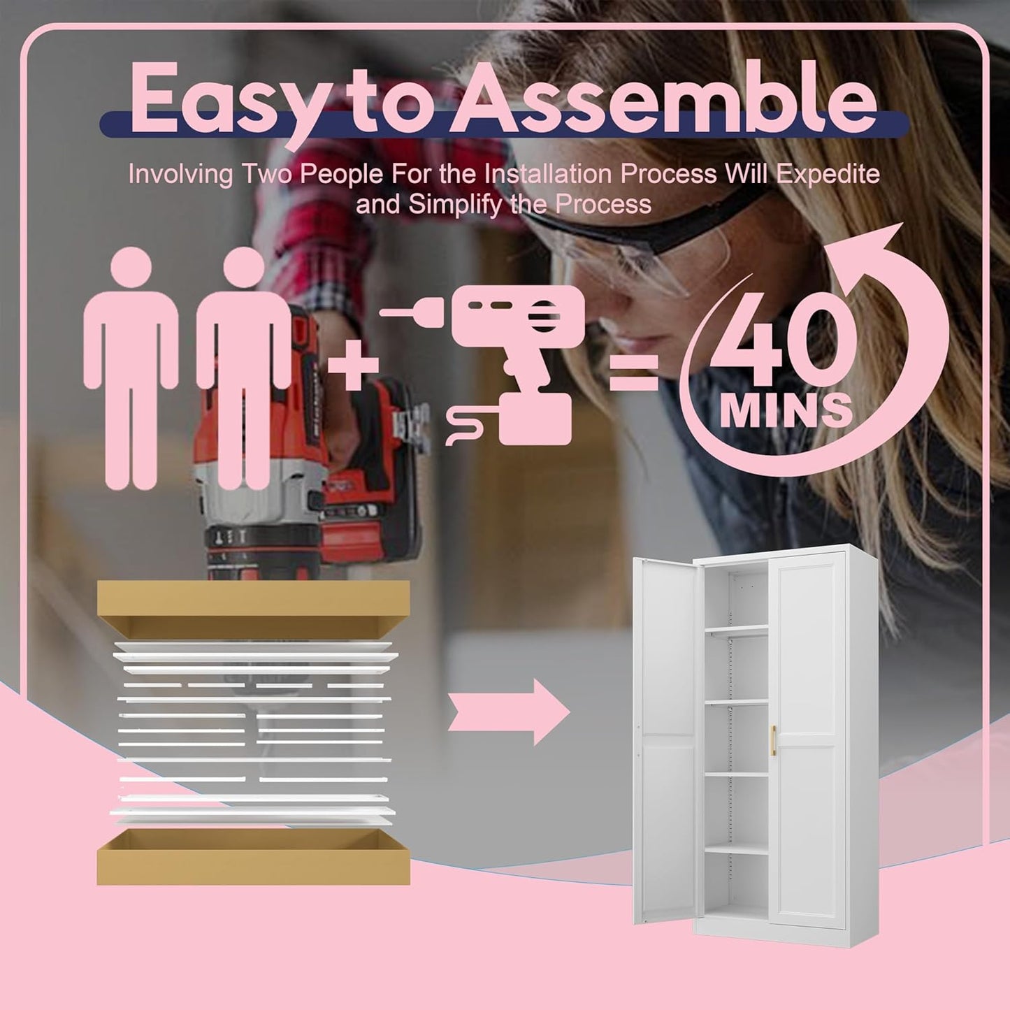 71" Storage Cabinet, Metal Pantry Cabinet, Kitchen Pantry Storage Cabinets with Doors and 4 Shelves, Cabinets for Laundry Room, Living Room, Dinning Room, Assembly Required, White