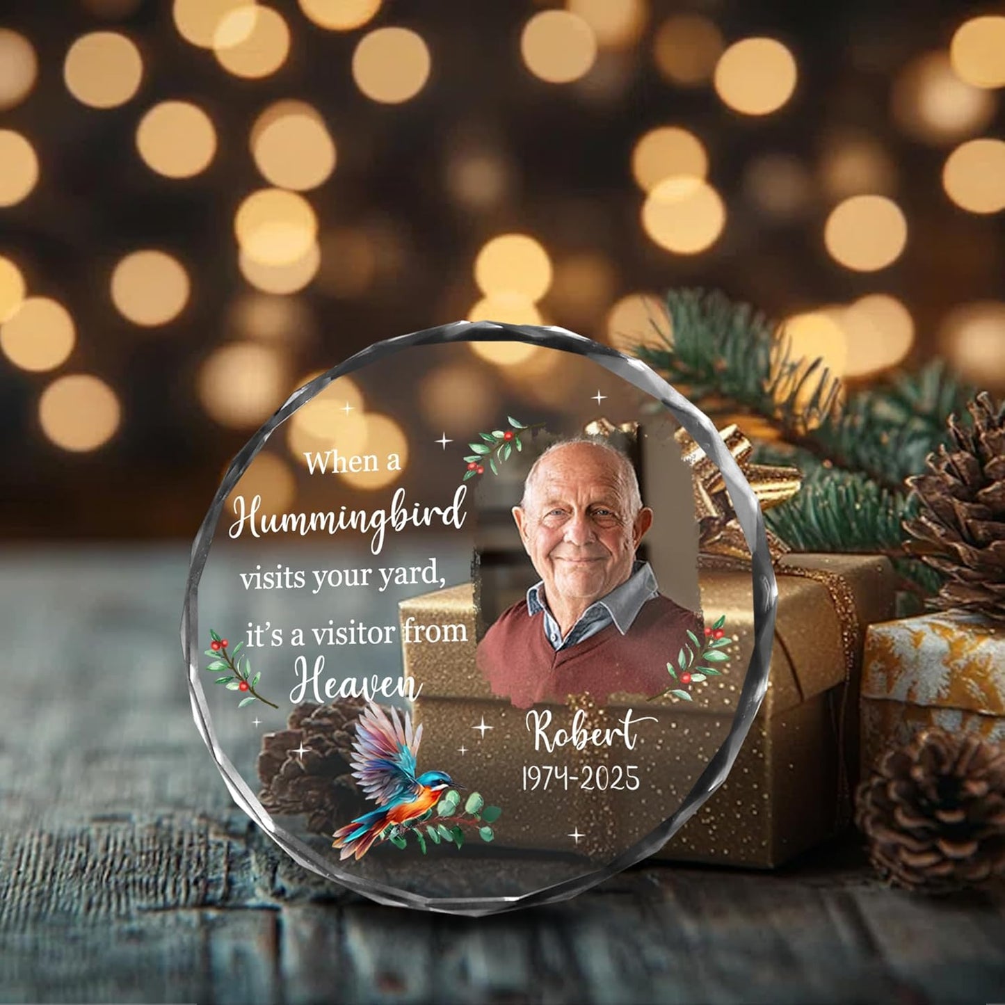 Personalized Memorial Hummingbird Glass Ornament – in Loving Memory of Robert – Custom Name, Birth Year & Passing Year – “When a Hummingbird Visits Your Yard” Memorial Keepsake