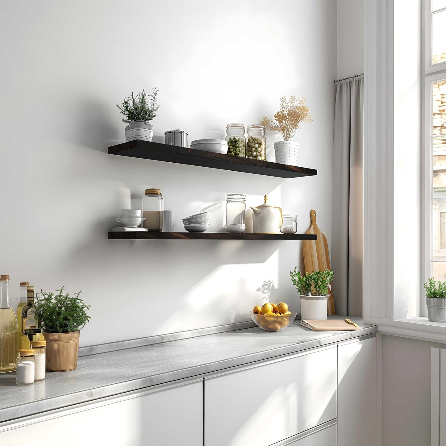 Wood Floating Shelves for Wall Decor, Rustic Wall Shelves for Bedroom Bathroom Kitchen Living Room, Set of 4 Walnut 48 Inch