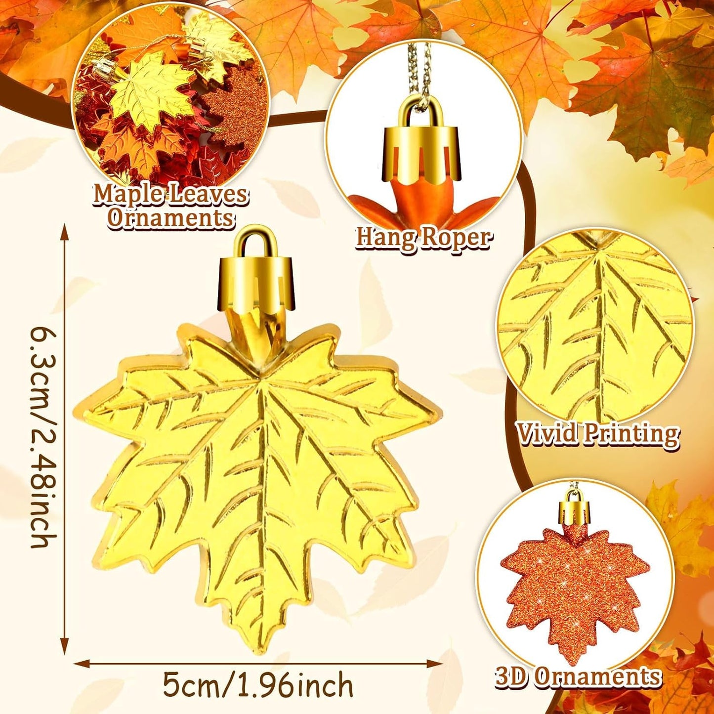 JULMELON 24 Pcs Fall Thanksgiving Maple Leaf Ornaments Tree Decorations Fall Autumn Mini Maple Hanging Ornaments with Rope Glitter Maple Pendant for Farmhouse Rustic Party Favors Supplies