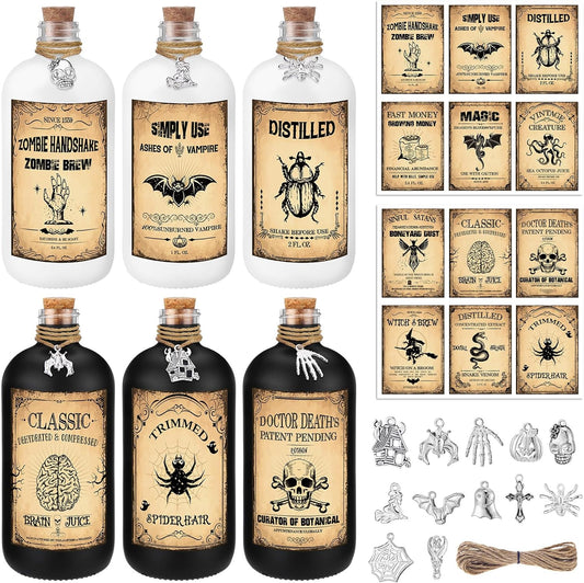 Uiifan 31 Pcs Halloween Potion Bottles Set Including Glass Apothecary Bottles with Cork Stickers and Pendants Halloween Decorations Indoor Party Supplies(White, Black,8.5 oz)