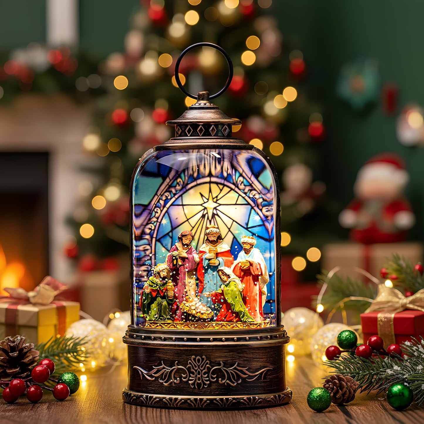 Christmas Snow Globe Swirling Glittering Nativity Scene with Music, USB Lined/Battery Operated Lighted Water Lantern for Christmas Festival Decoration Gifts