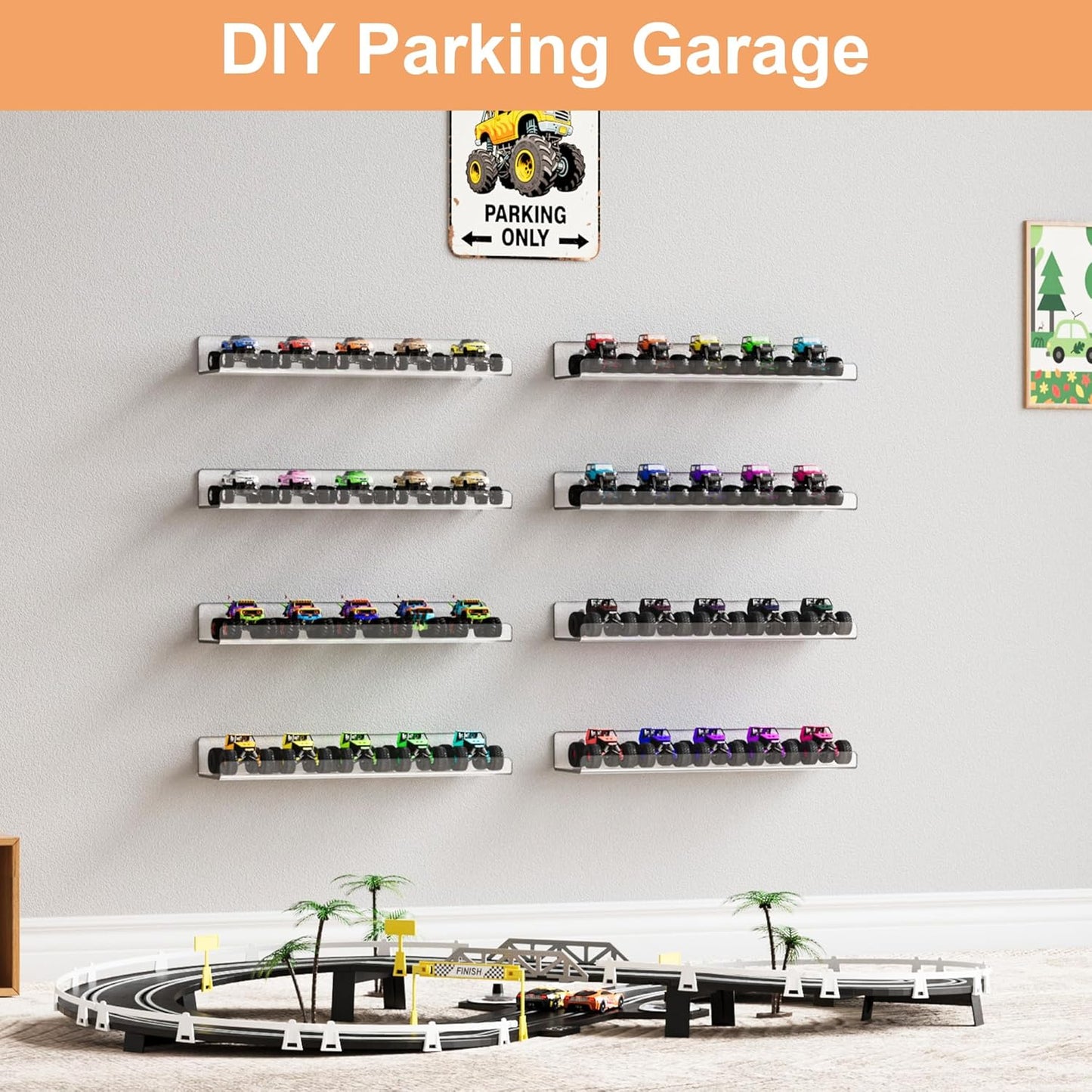 upsimples 8 Pack Acrylic Shelves Wall Organizer and Storage, 15" Display Shelf for Figure, Toy Cars, Perfume, Kids Bookshelf for Bedroom, Nursery, Craft Room, Clear