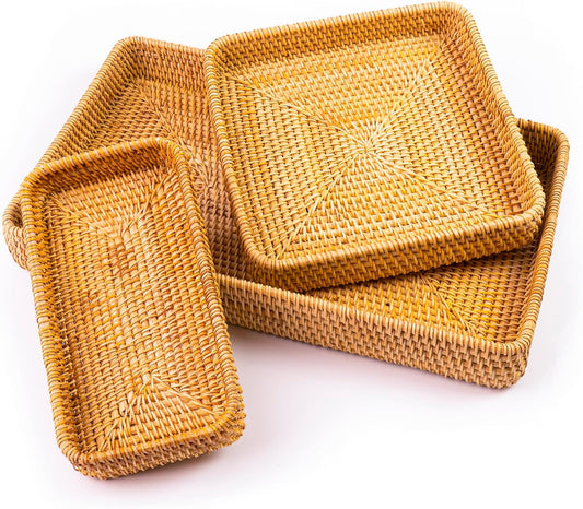 Handmade Rattan Serving Trays, Set of 3, Woven Rectangular Storage Baskets
