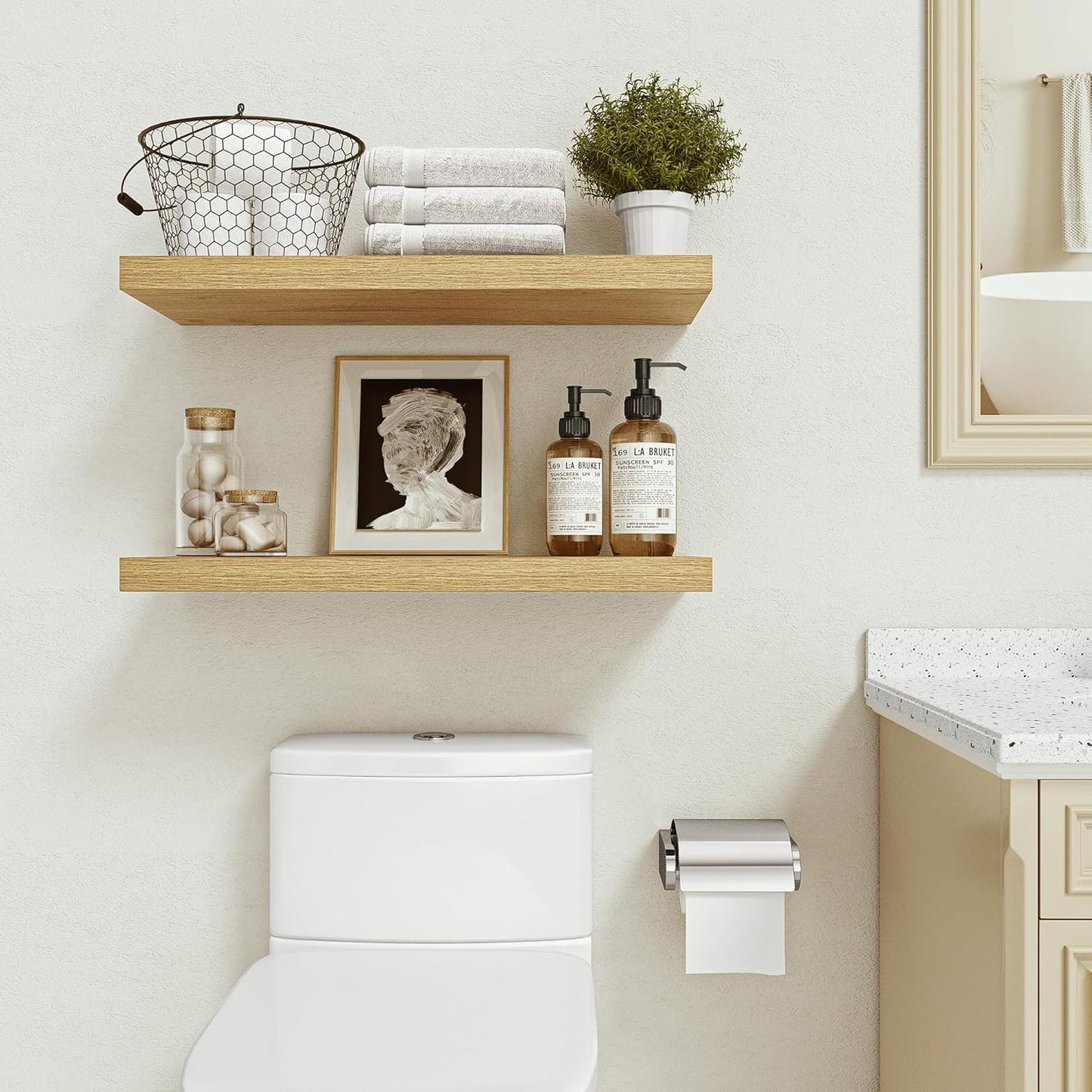 Floating Shelves for Wall 24 inchs Long, 9.2” deep x 1.5” Wall Shelf for Bedroom, Bathroom, Living Room, Kitchen, Office Home Decor, Deep Wood Shelves with Invisible Brackets, Set of 2, Oak