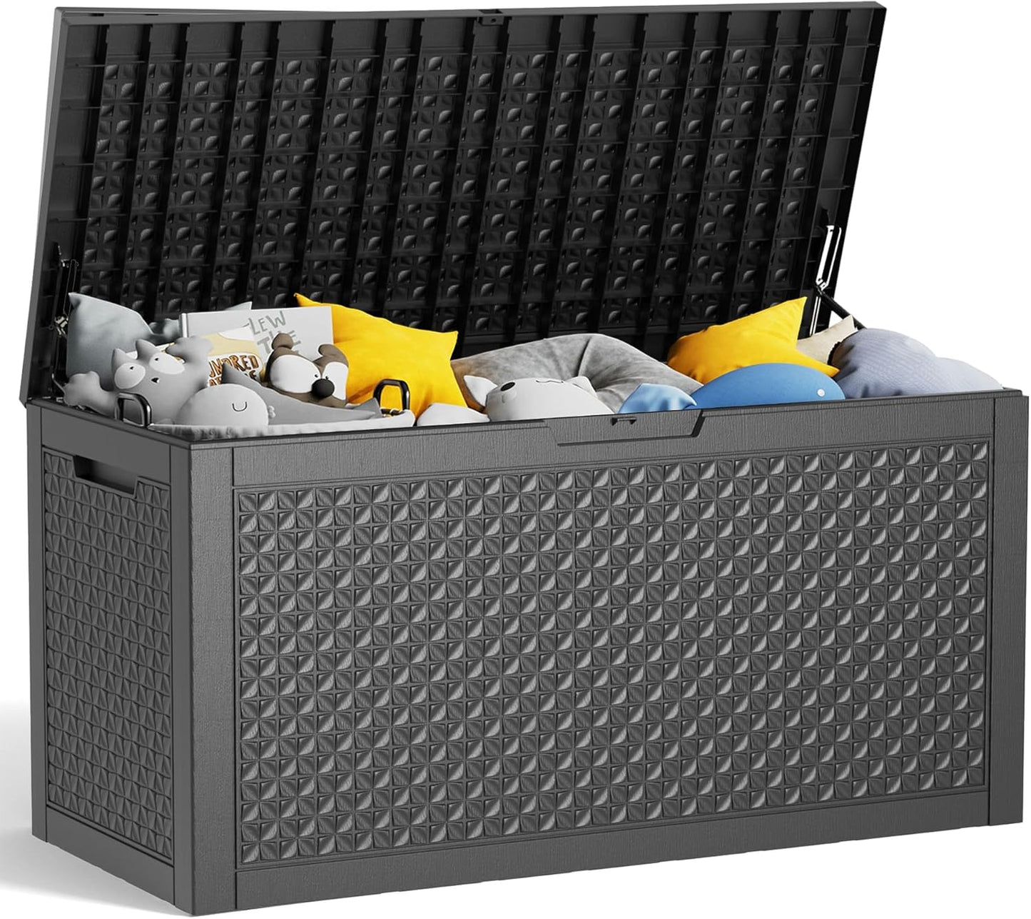 100 Gallon Resin Deck Box, Lockable Patio Outdoor Storage Box for Furniture, Garden Tools and Tools Storage, Waterproof Outside Storage Boxes - Patterned black