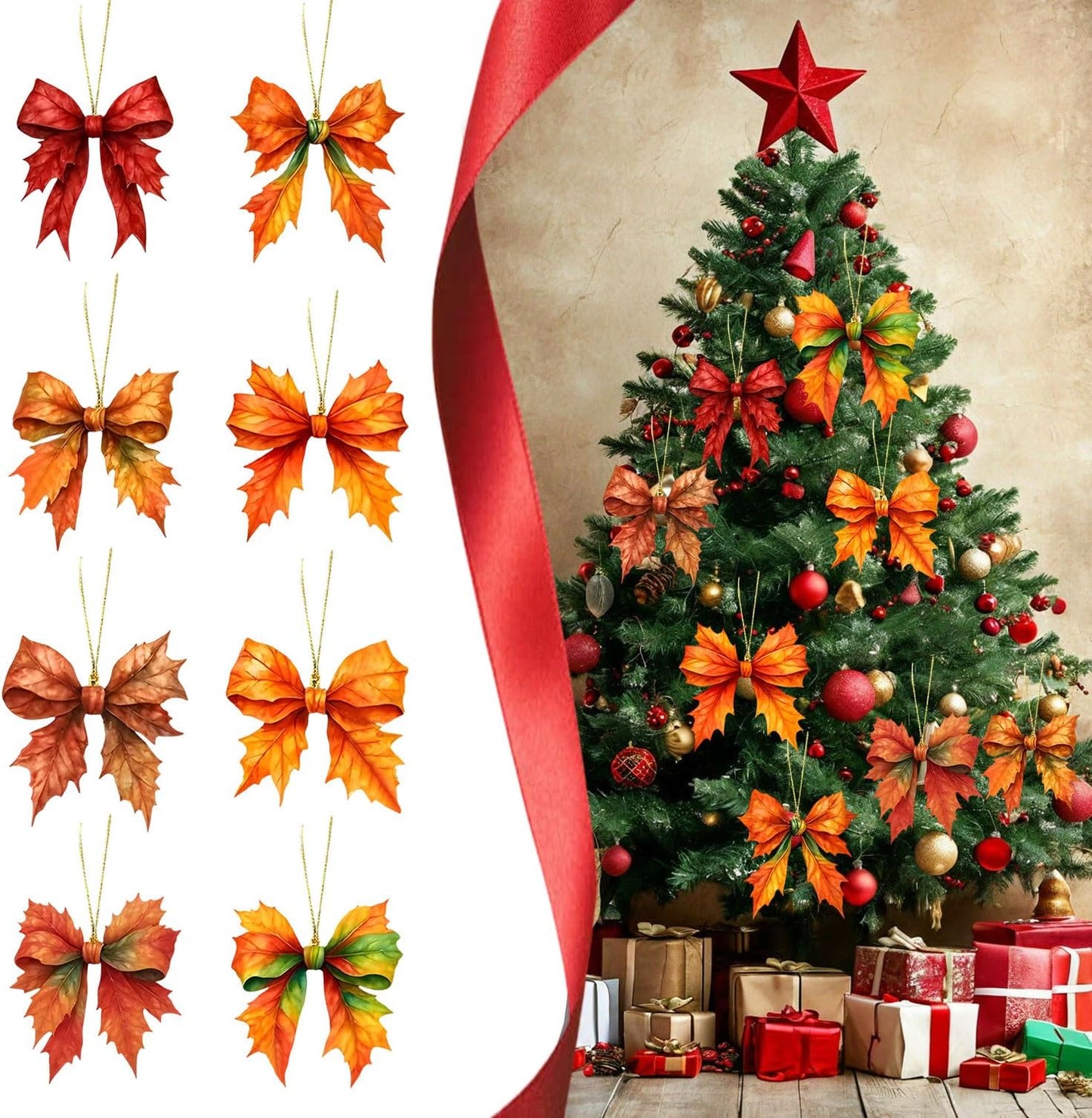 Fall Thanksgiving Hanging Ornament,9 Pcs Cute Bow Shaped Maple Leaf Acrylic Pendant, Funny Cartoon Christmas Tree Ornaments Decorationfor Tree Mini Autumn Leaf Decorations Indoor Outdoo